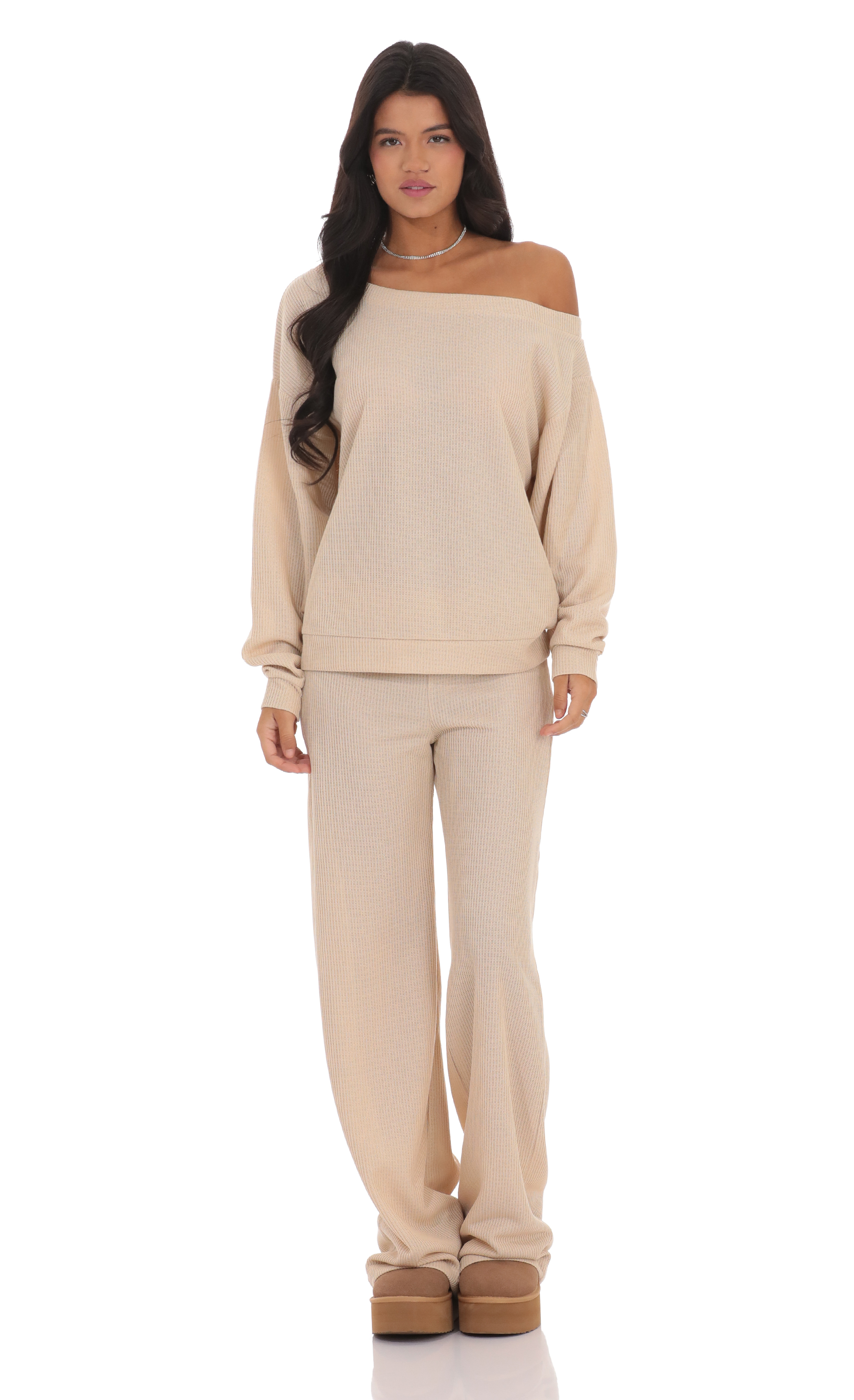 Off Shoulder Knit Oversized Jumper in Beige-My Sky Diva