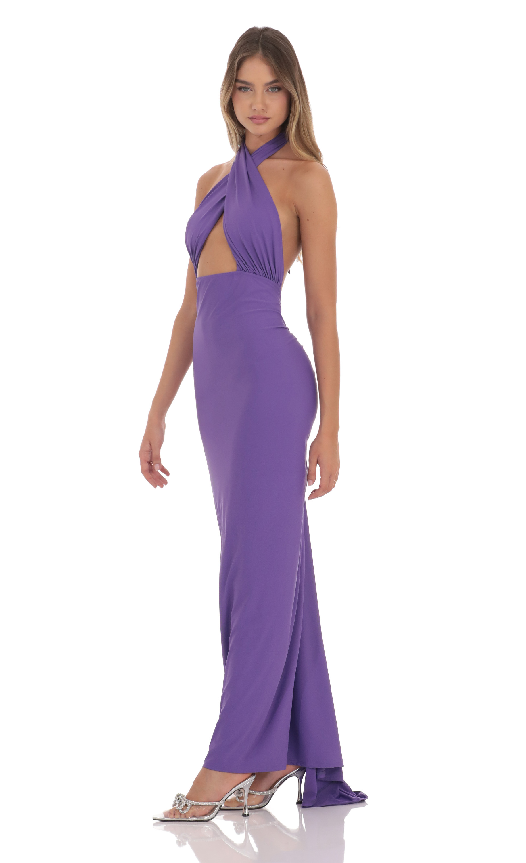 Front Cross Halter Maxi Dress in Purple-My Sky Diva