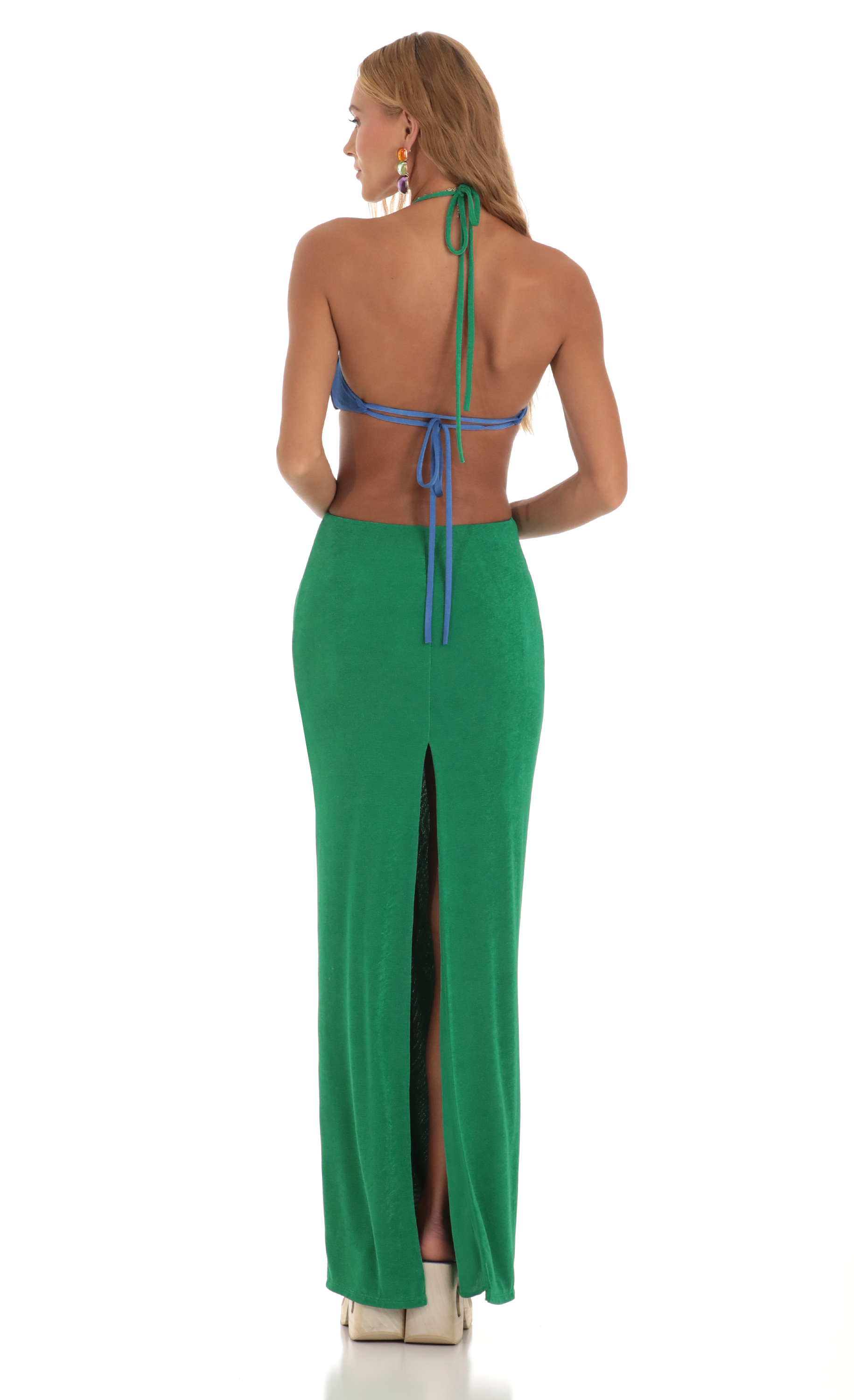 Two Toned Cutout Maxi Dress in Blue and Green-My Sky Diva
