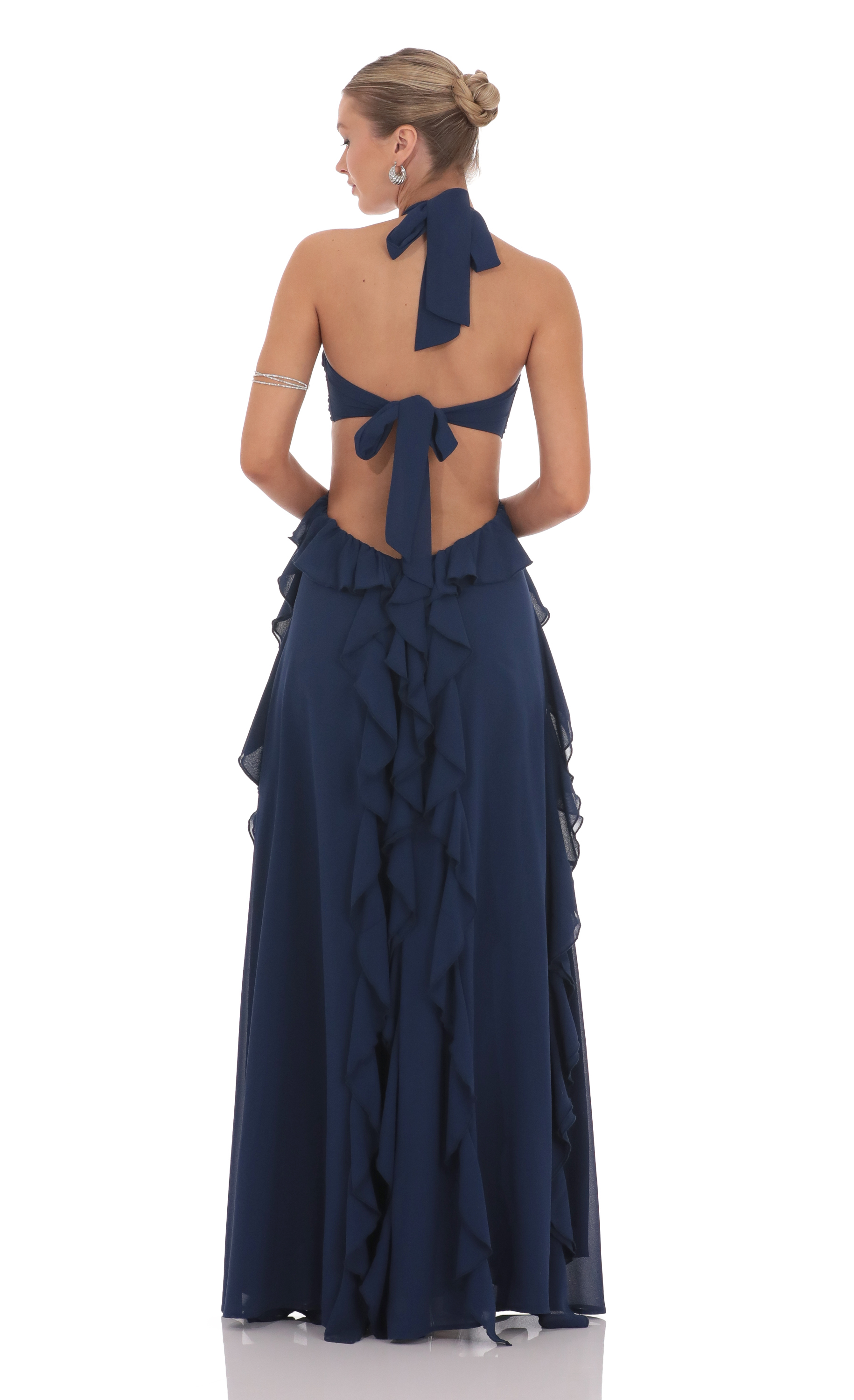 Chiffon Cutout Ruffle Maxi Dress in Navy-My Sky Diva