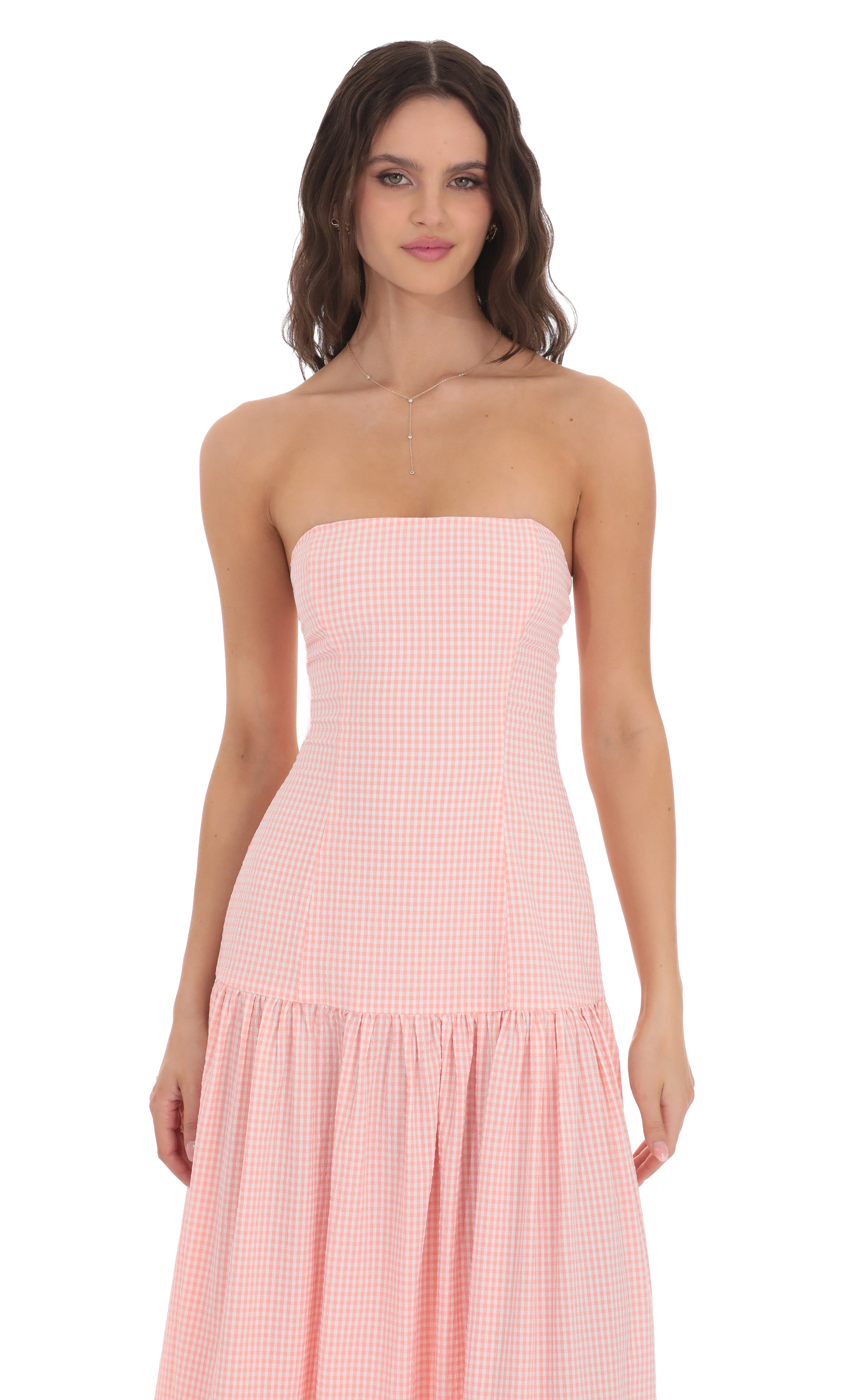 Gingham Strapless Drop Waist Maxi Dress in Pink-My Sky Diva