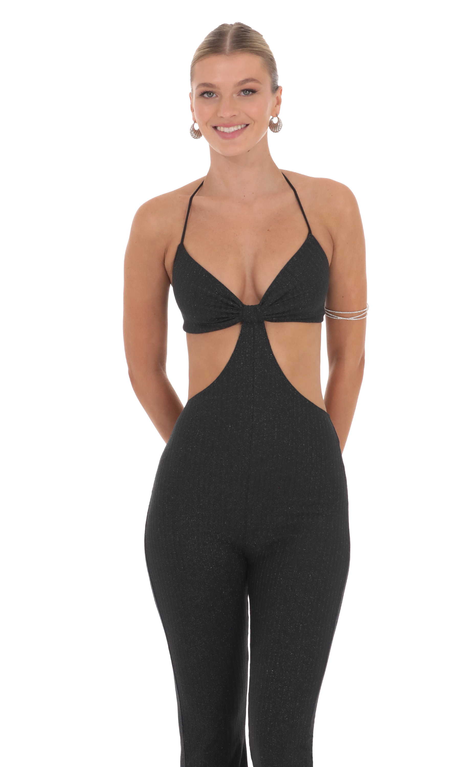 Shimmer Ribbed Cutout Jumpsuit in Black-My Sky Diva