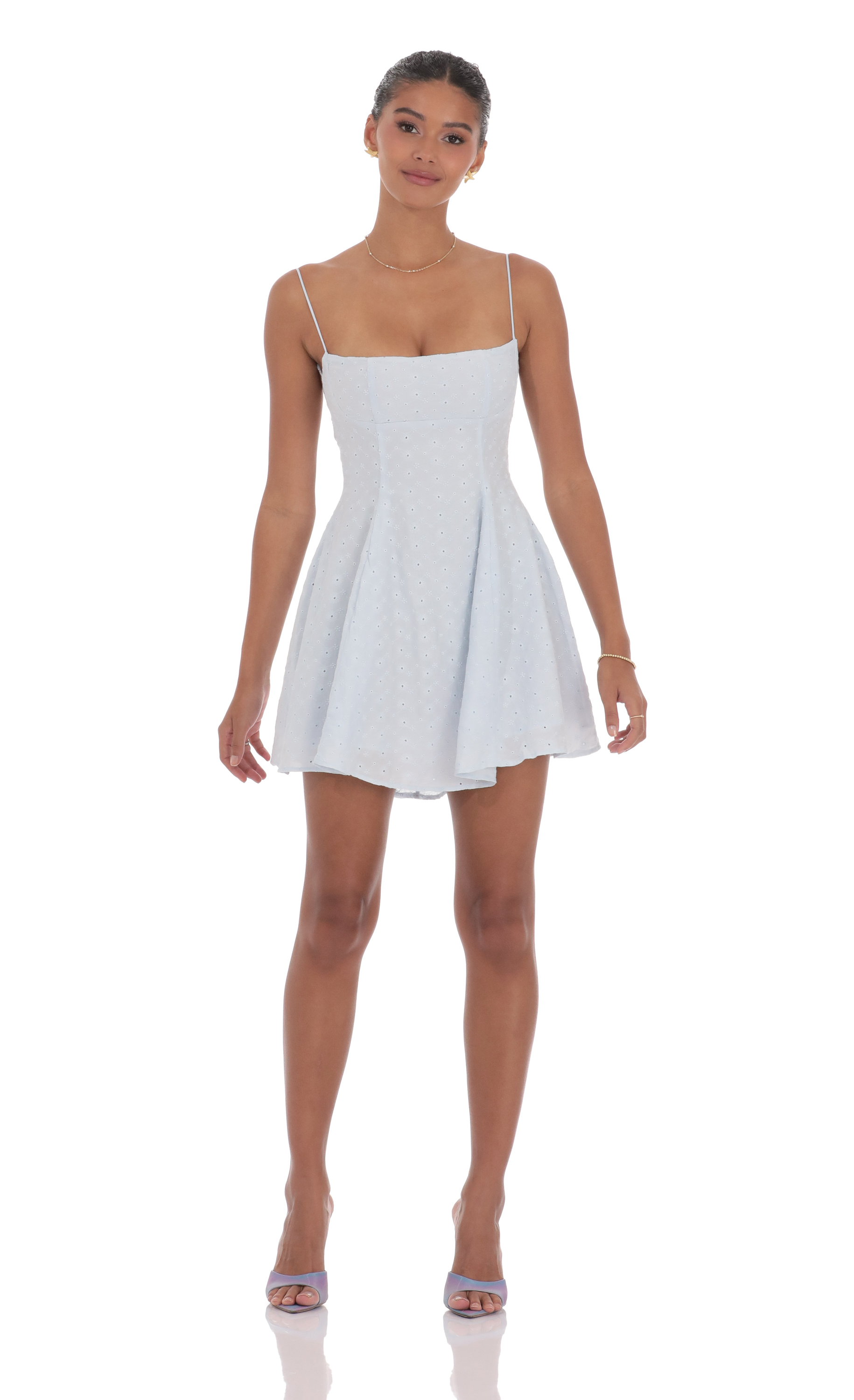 Floral Eyelet Fit and Flare Dress in Light Blue-My Sky Diva