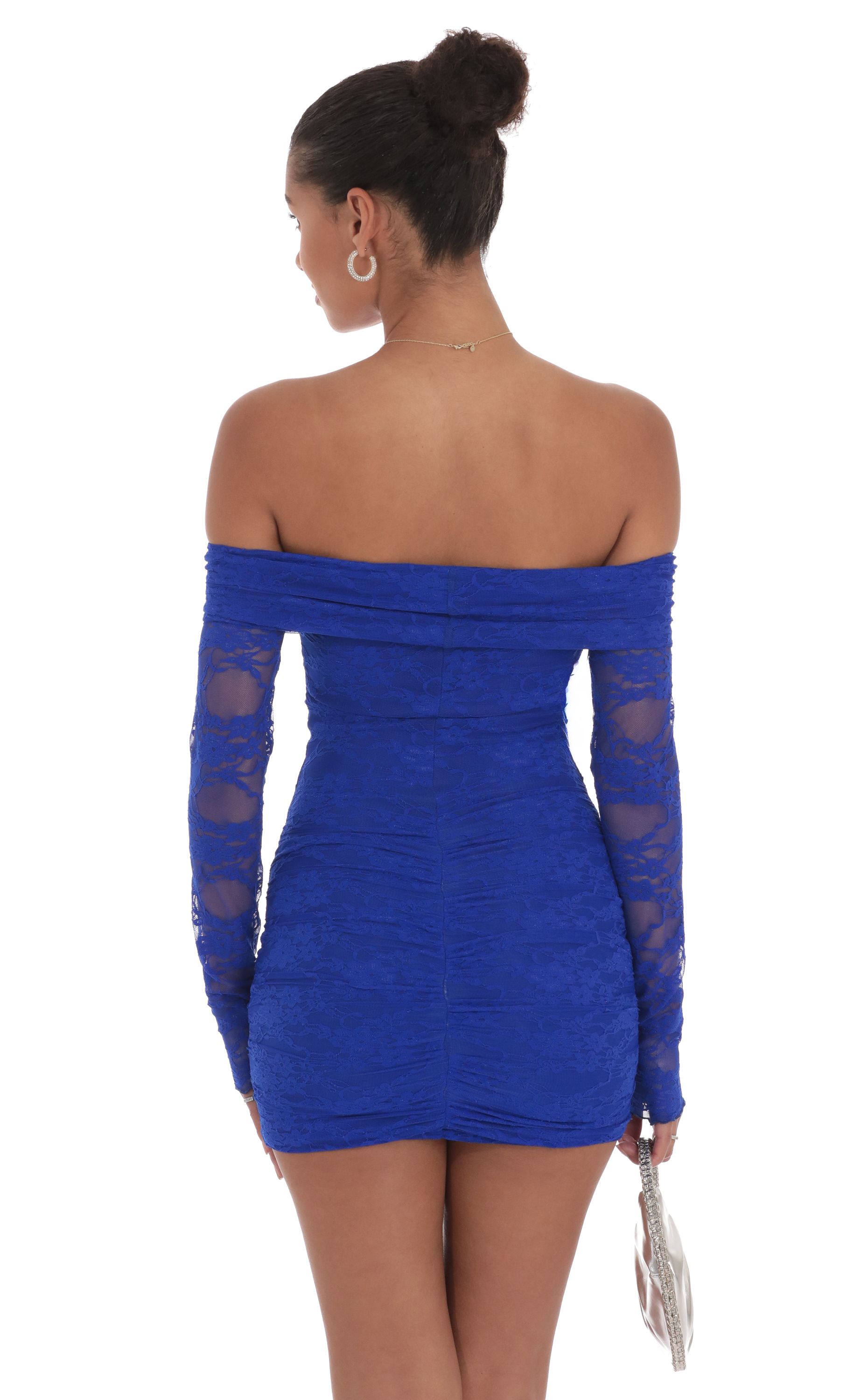 Off Shoulder Long Sleeve Lace Dress in Blue-My Sky Diva