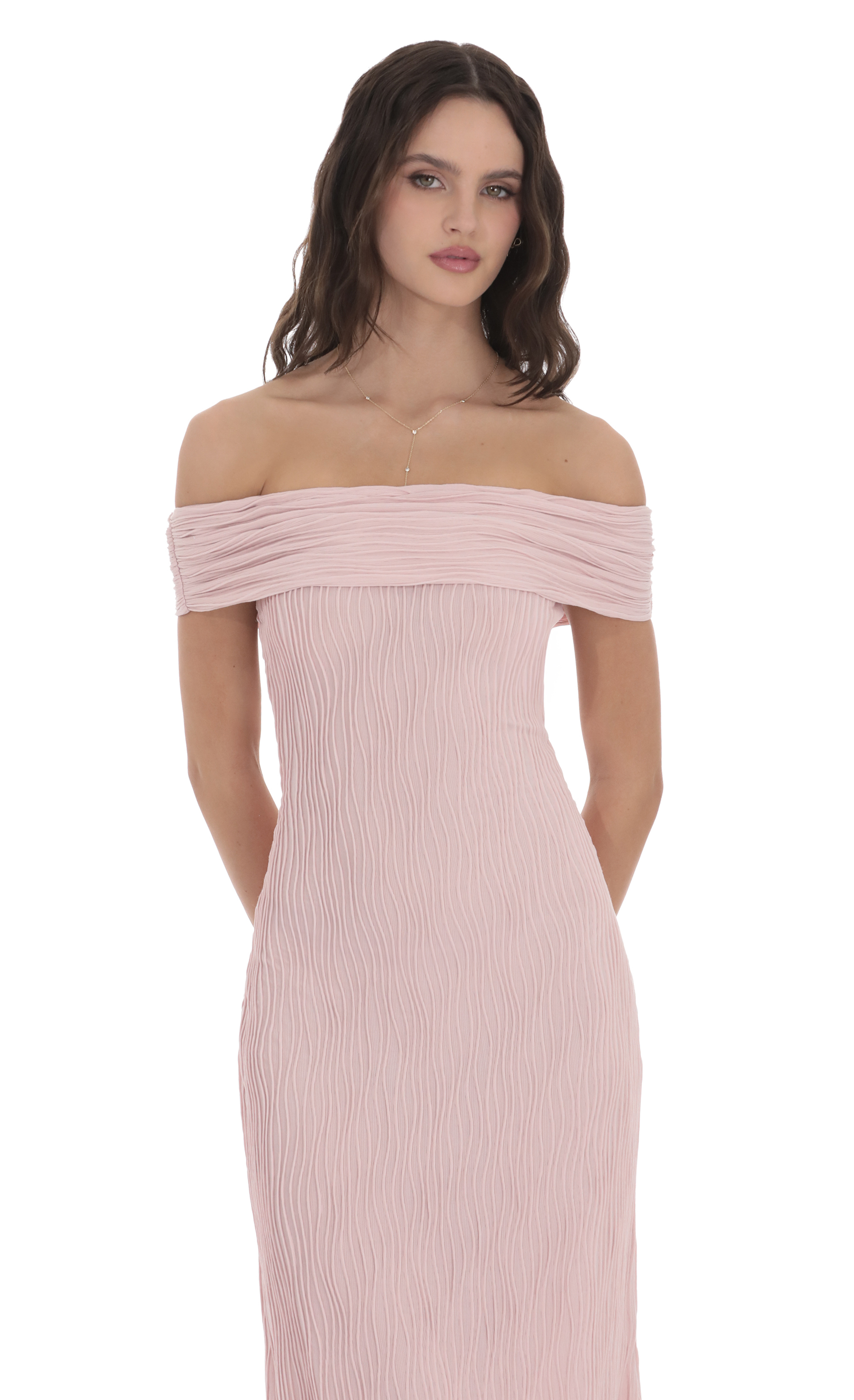 Textured Off Shoulder Maxi Dress in Blush Pink-My Sky Diva