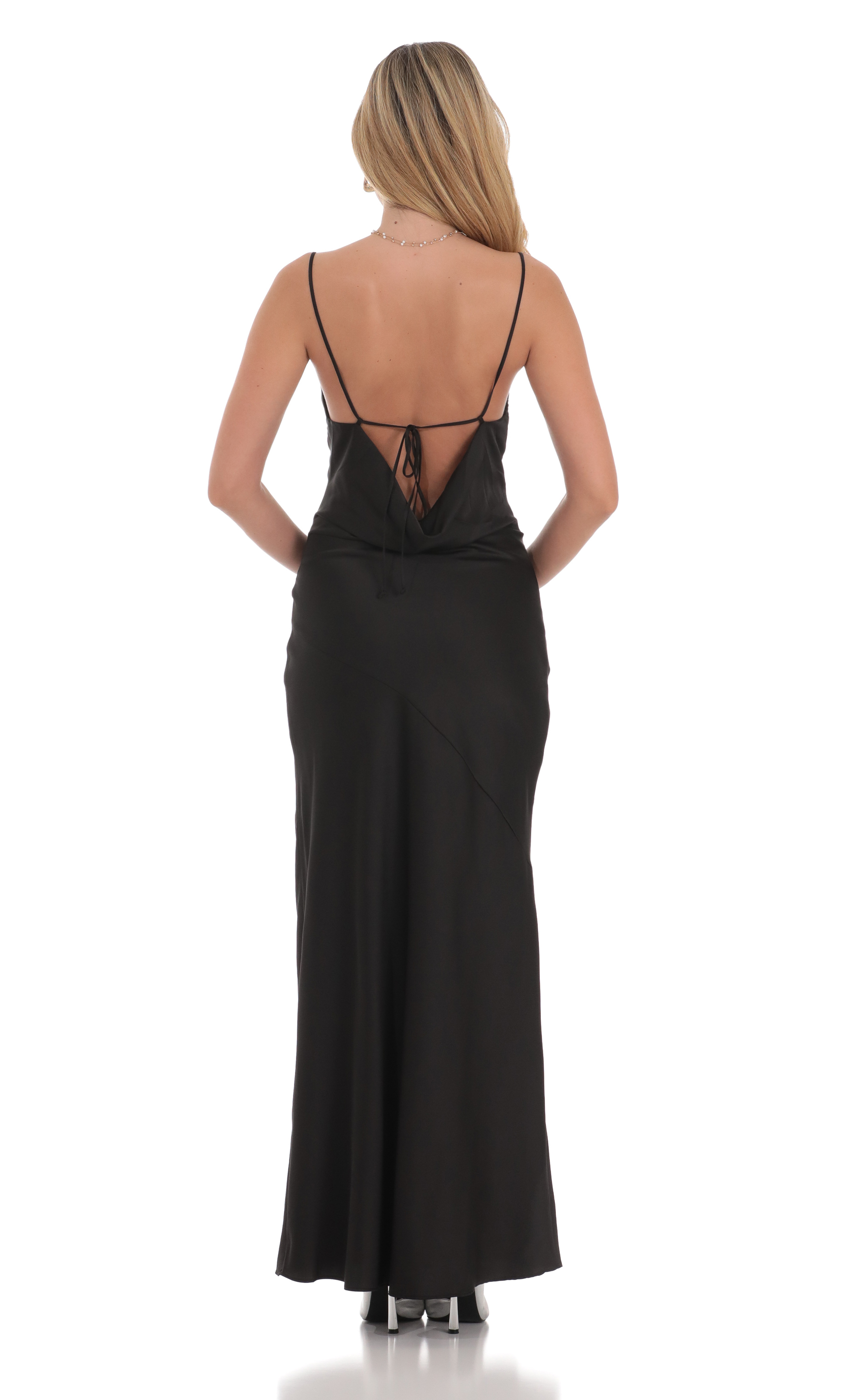 Satin Asymmetrical Cowl Neck Maxi Dress in Black-My Sky Diva