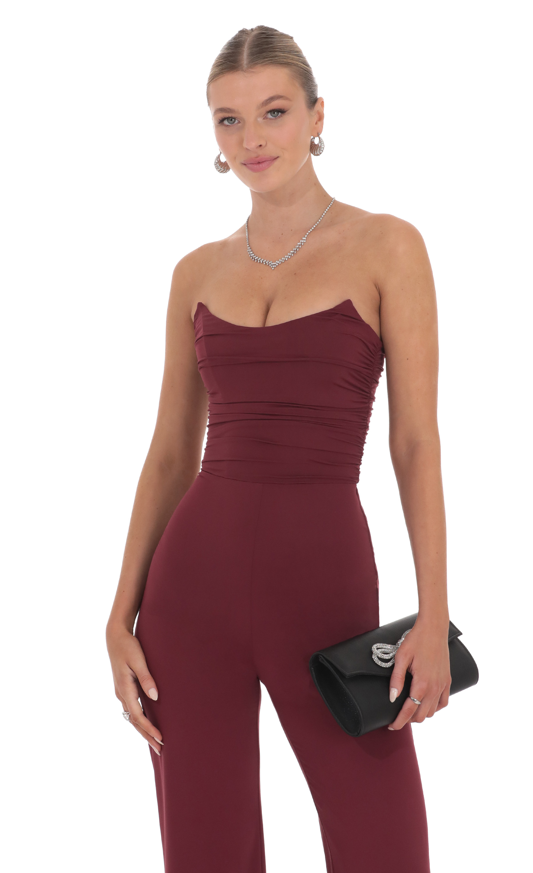 Strapless Pointed Corset Jumpsuit in Burgundy-My Sky Diva