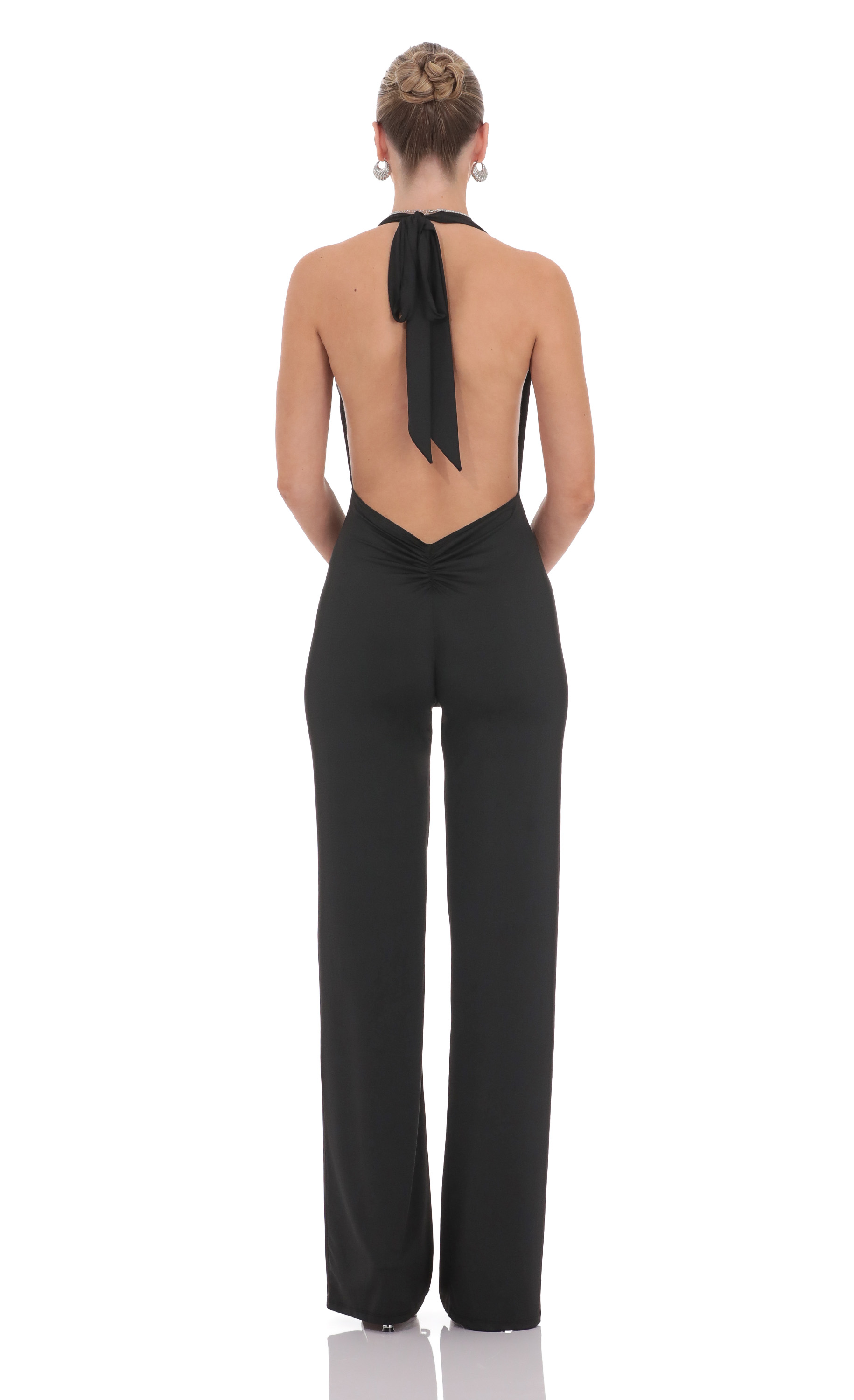 Halter Plunge Neck Jumpsuit in Black-My Sky Diva