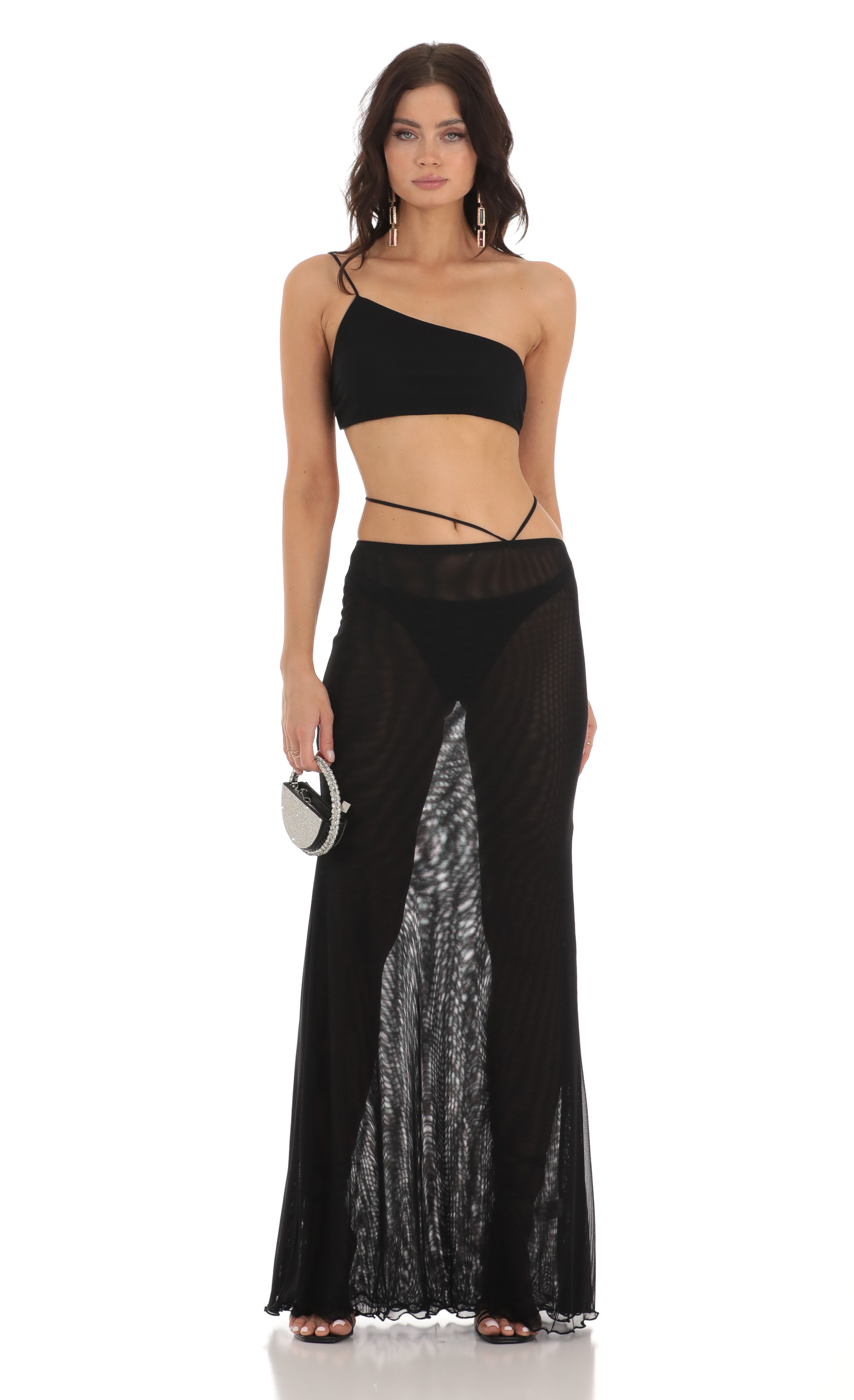 Mesh One Shoulder Two Piece Set in Black-My Sky Diva