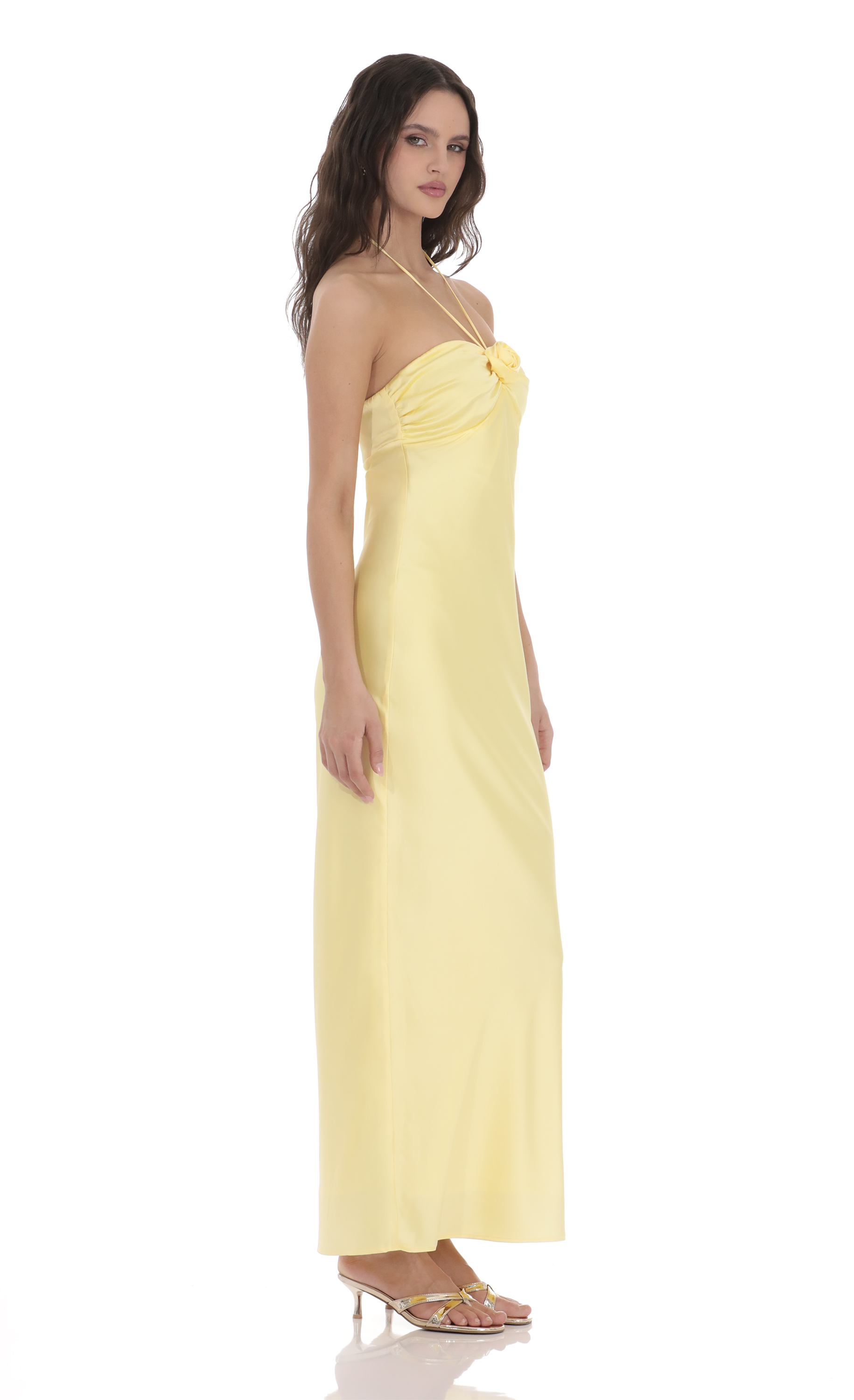 Satin Halter Flower Maxi Dress in Yellow-My Sky Diva