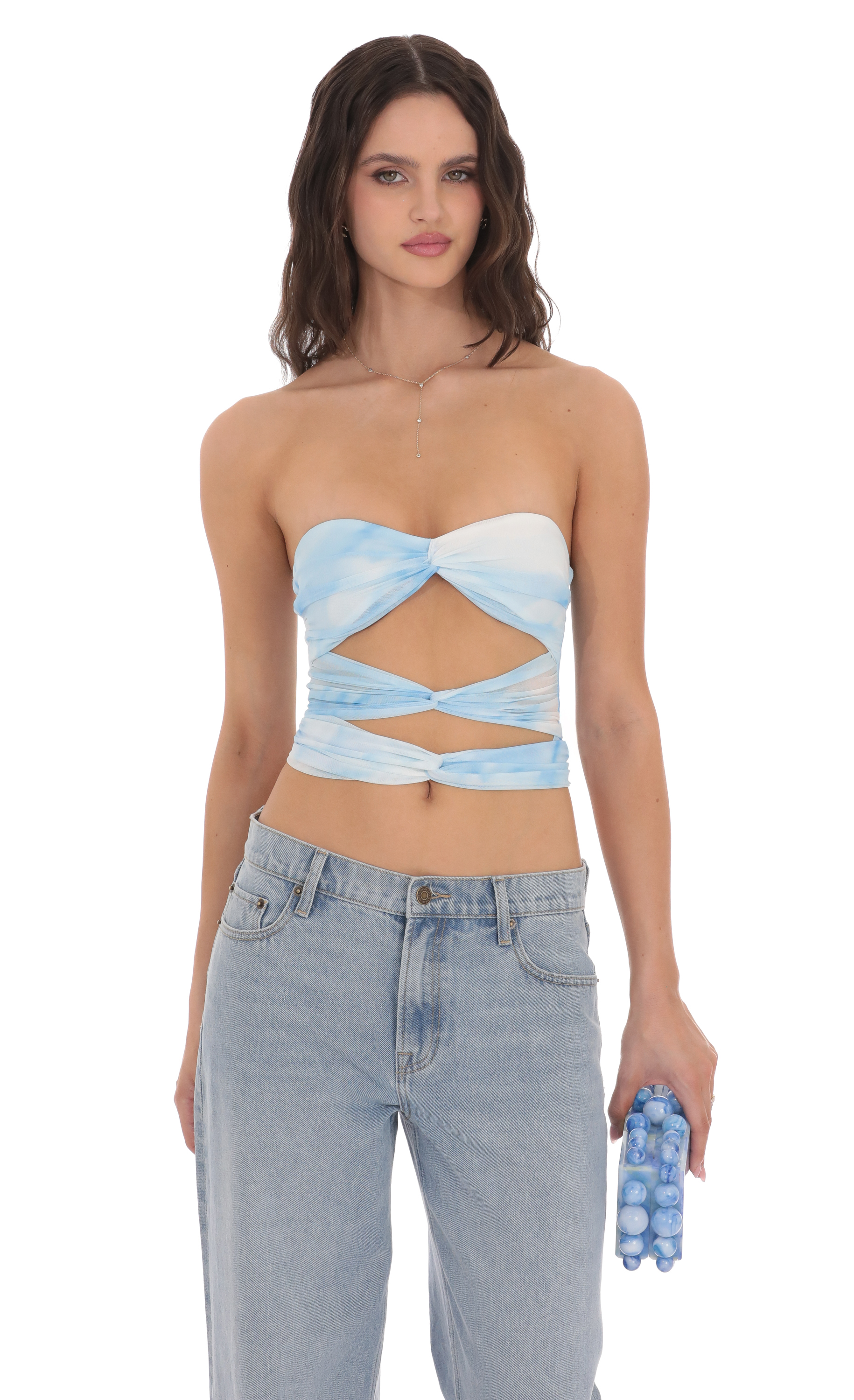 Tie Dye Mesh Cutout Strapless Top in Blue-My Sky Diva