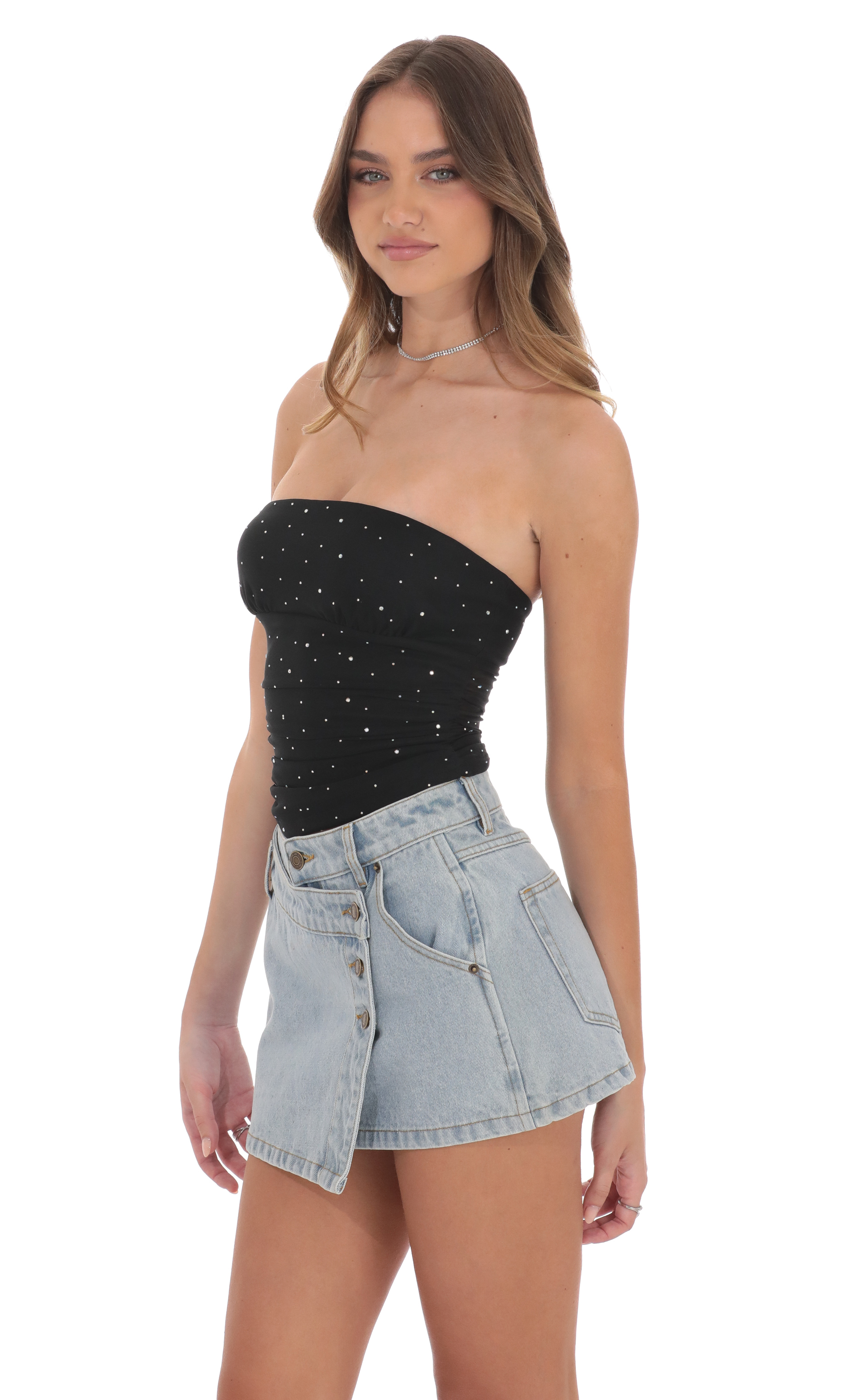 Strapless Rhinestone Mesh Top in Black-My Sky Diva