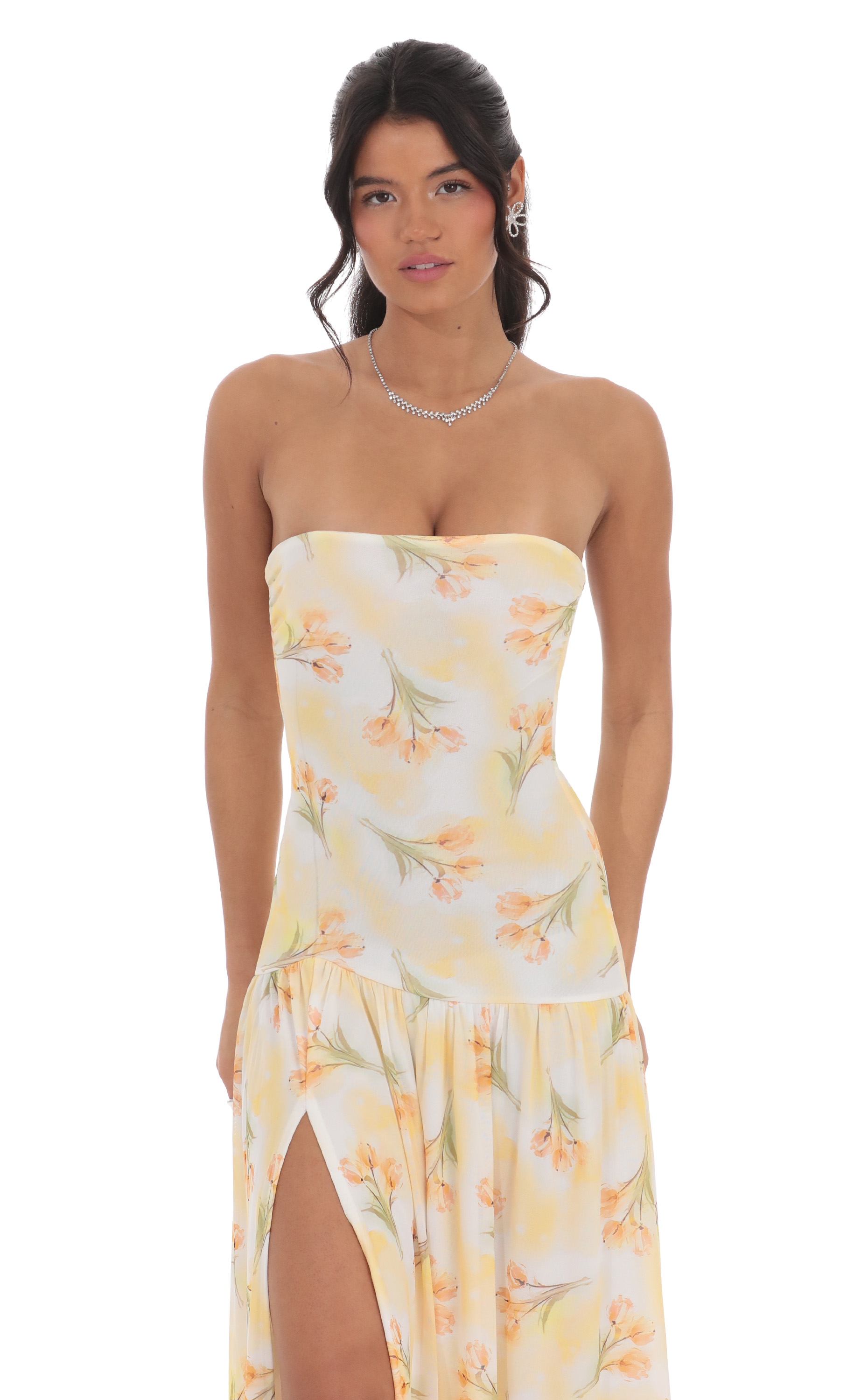 Floral Strapless Drop Waist Maxi Dress in Yellow-My Sky Diva