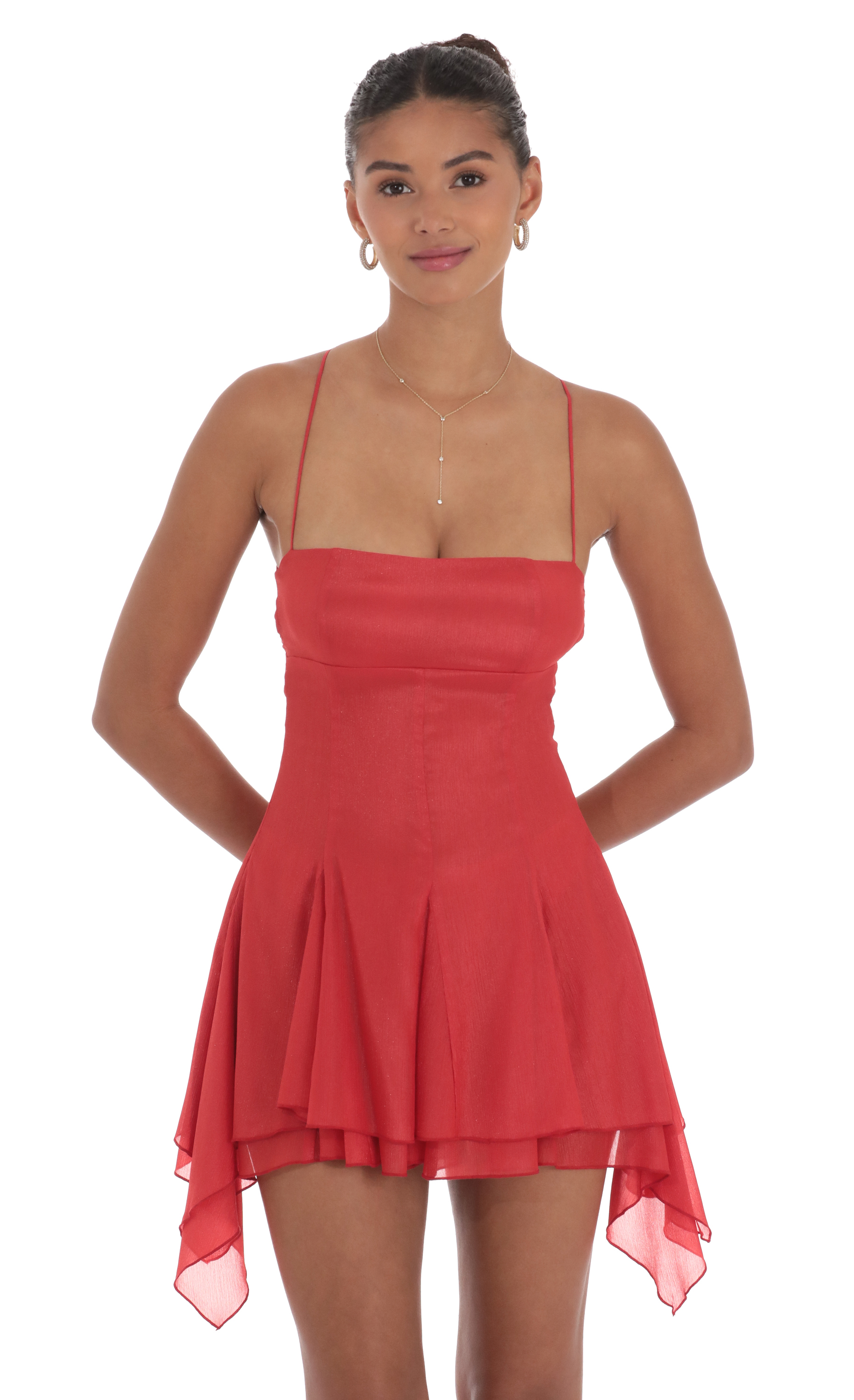 Shimmer Asymmetrical Side Flare Dress in Red-My Sky Diva