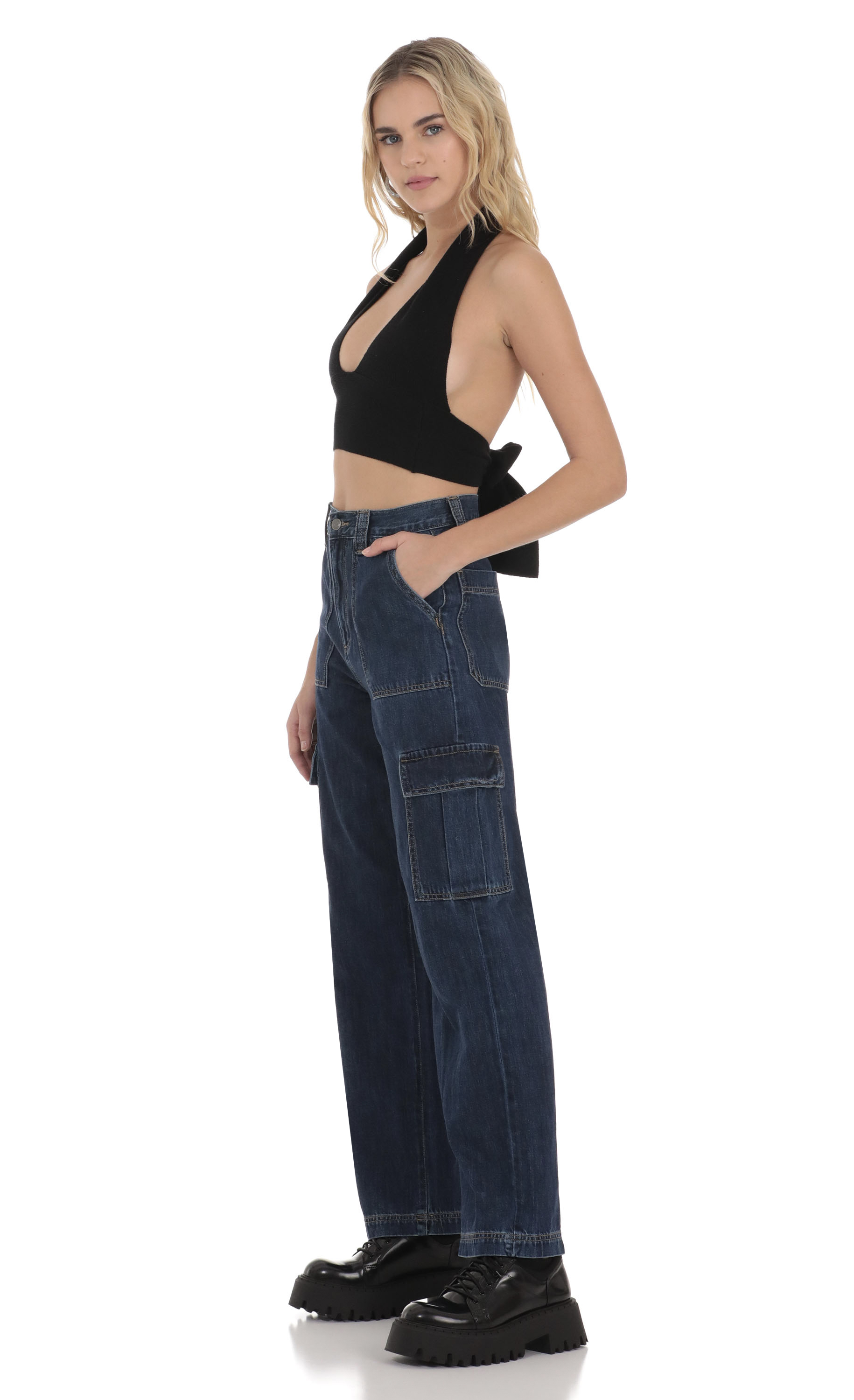 Wide Leg Cargo Jeans in Dark Denim-My Sky Diva