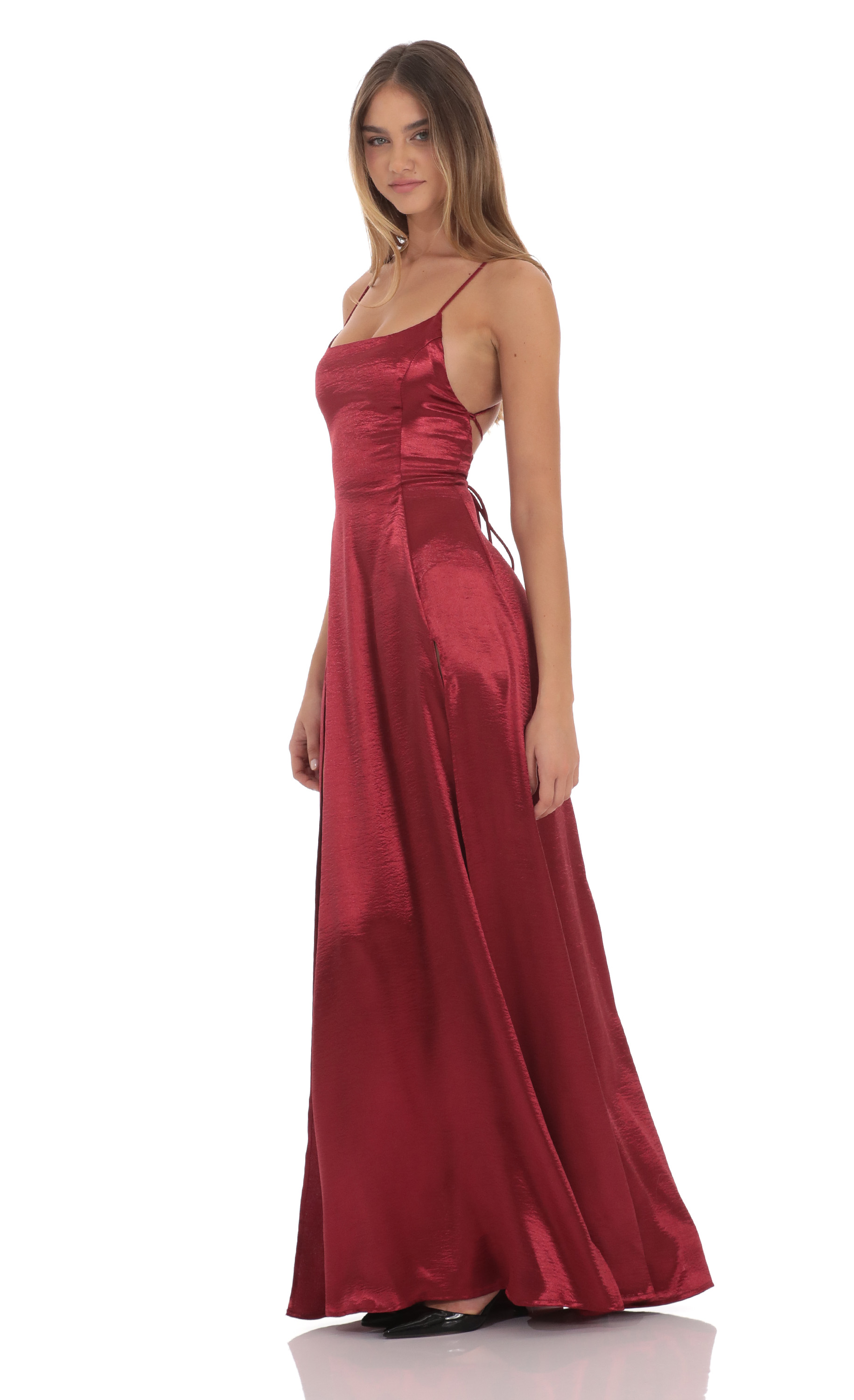 Satin Double Slit Maxi Dress in Deep Red-My Sky Diva