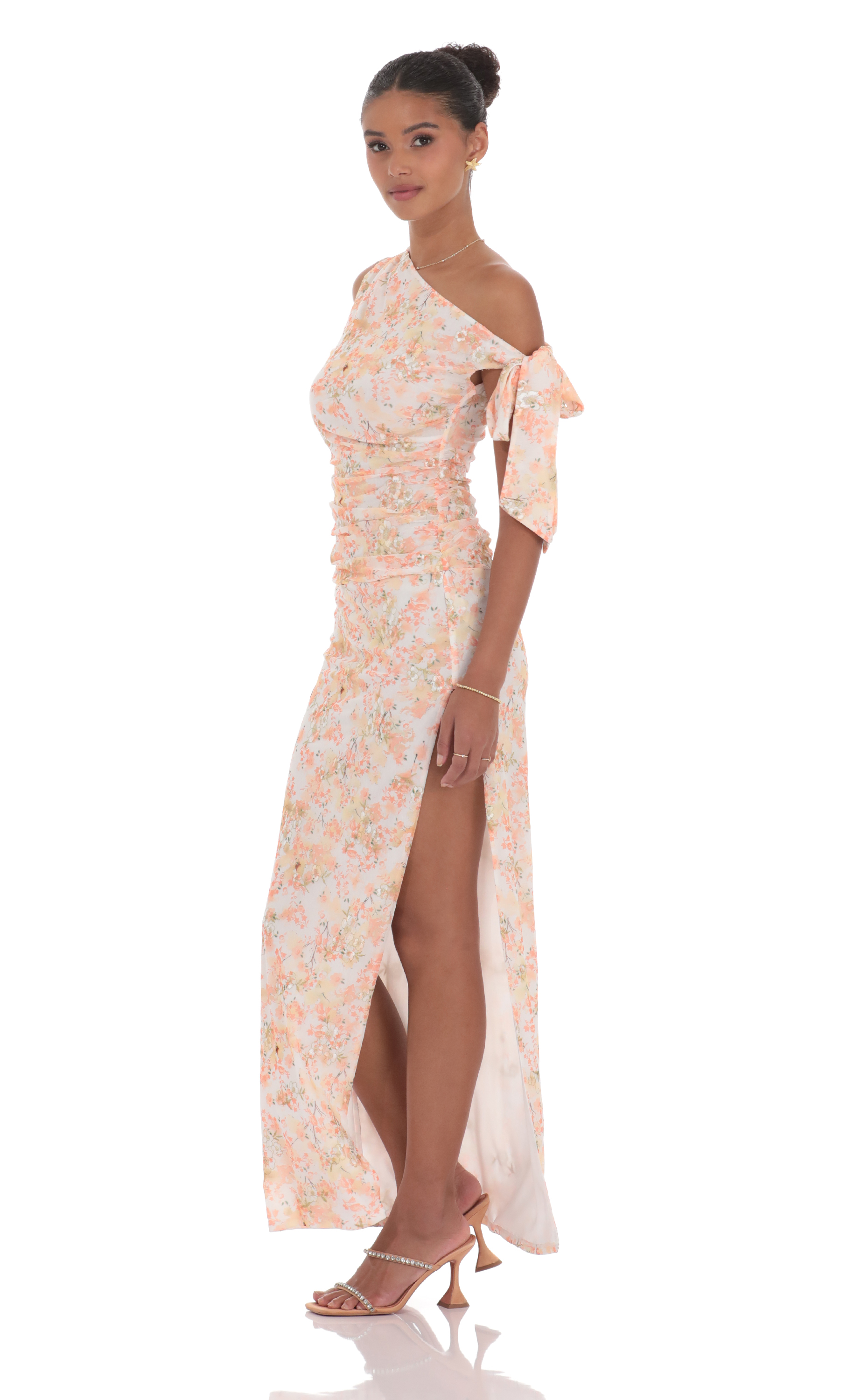 Floral Shimmer Off Shoulder Maxi Dress in Peach-My Sky Diva