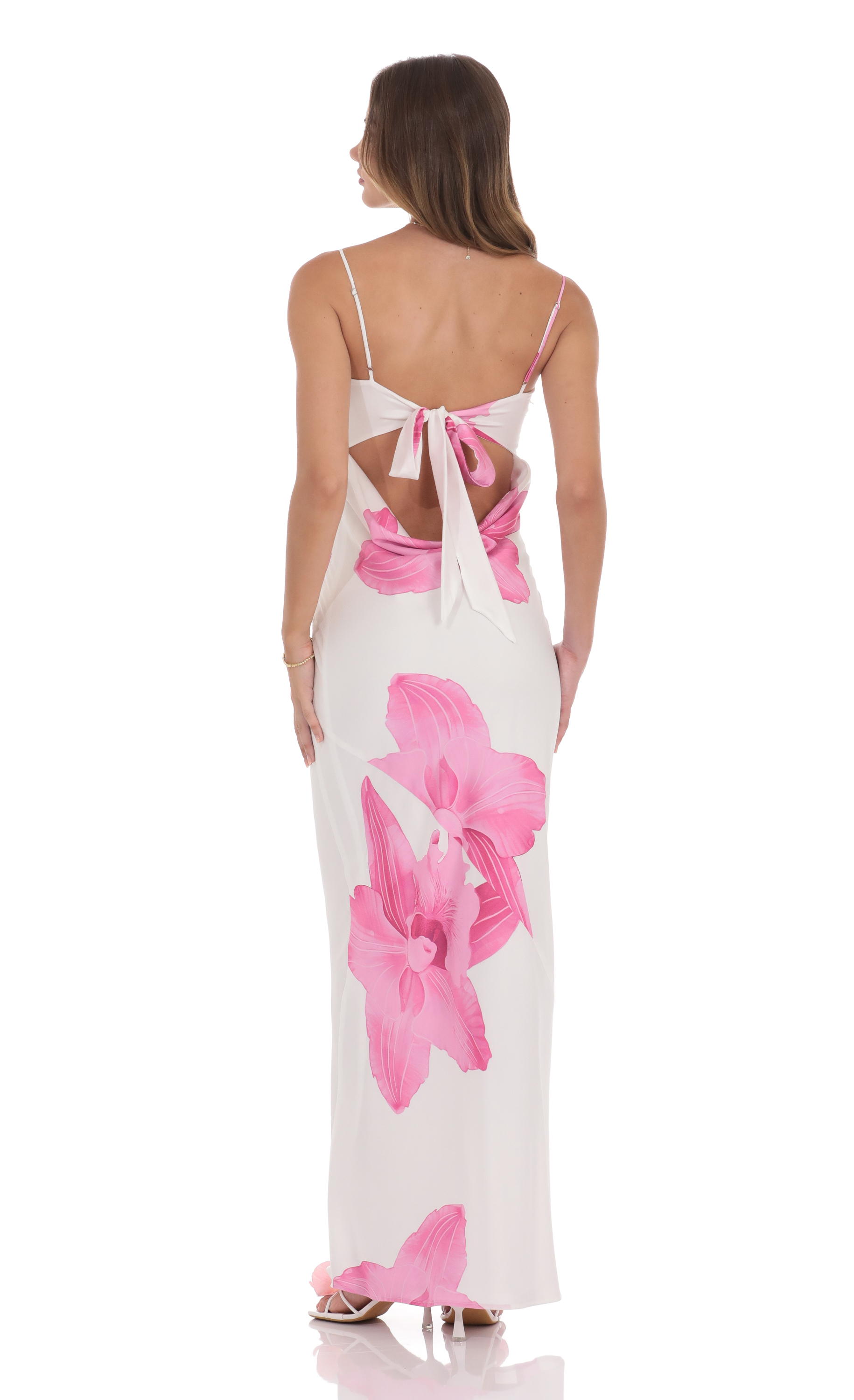 Satin Floral Open Back Maxi Dress in White-My Sky Diva