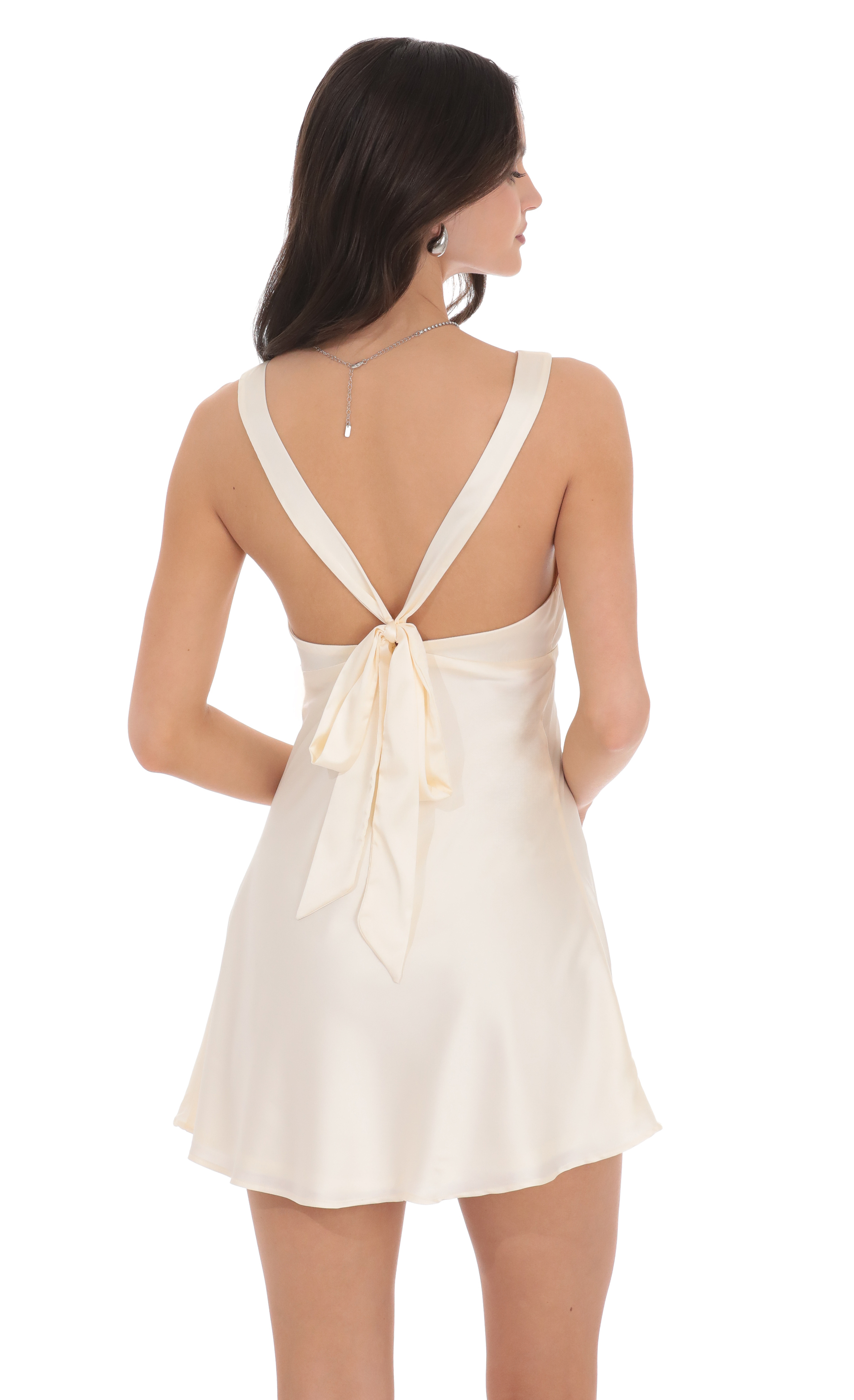 Satin V-Neck Open back Dress in Cream-My Sky Diva