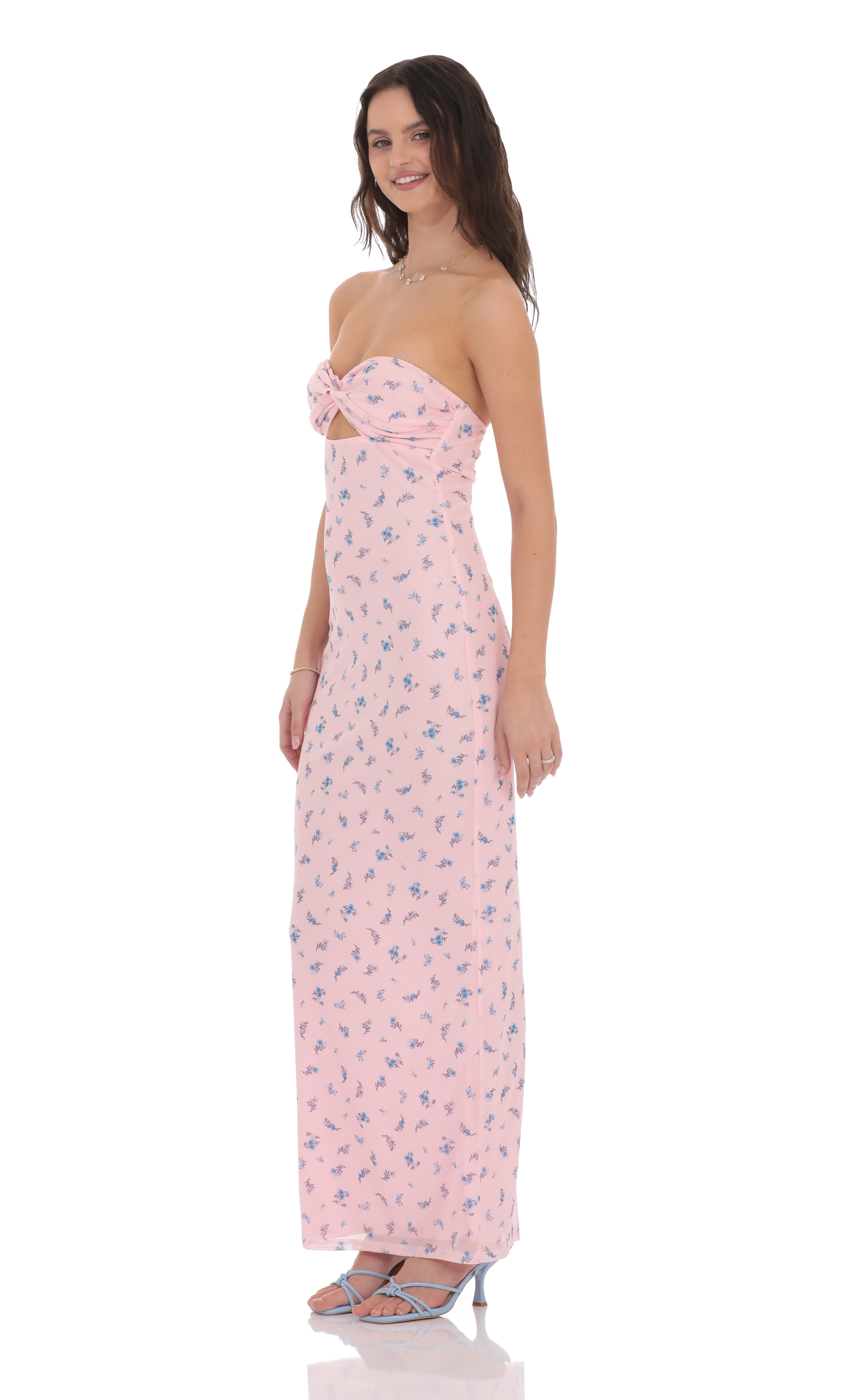 Mesh Floral Strapless Cutout Maxi Dress in Pink-My Sky Diva