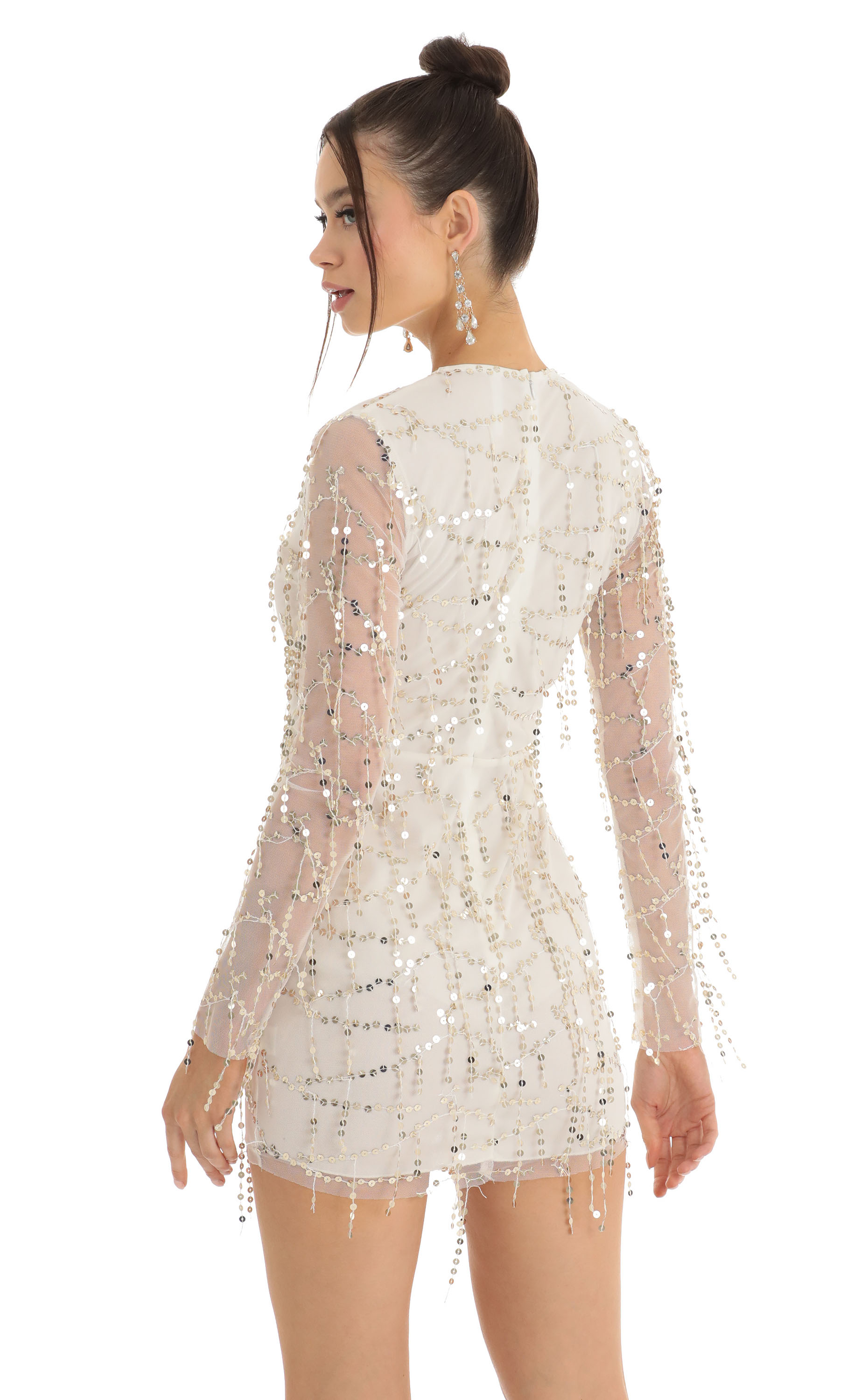 Dangling Sequin Plunge Dress in White-My Sky Diva