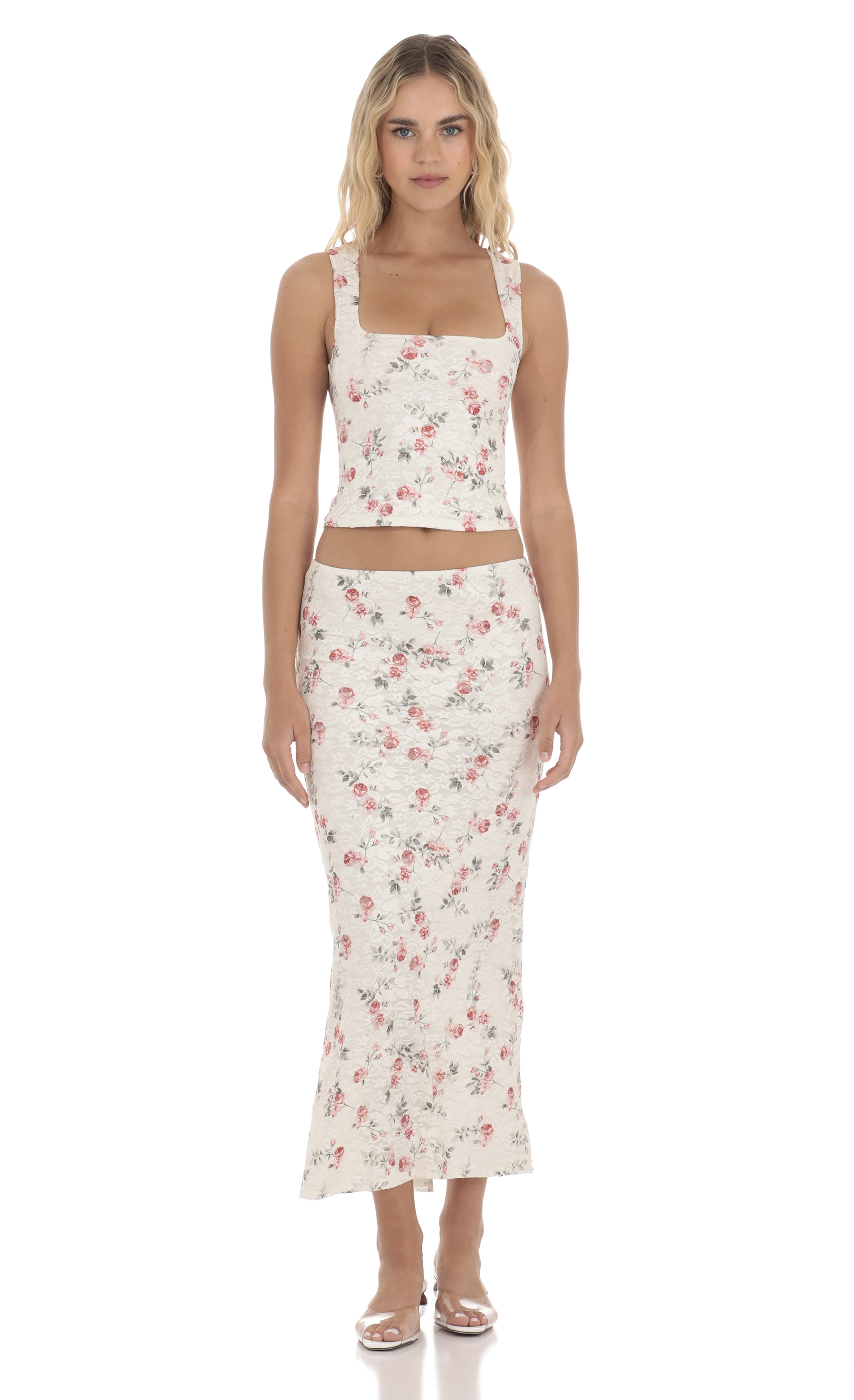 Lace Floral Two Piece Maxi Skirt Set in Cream-My Sky Diva