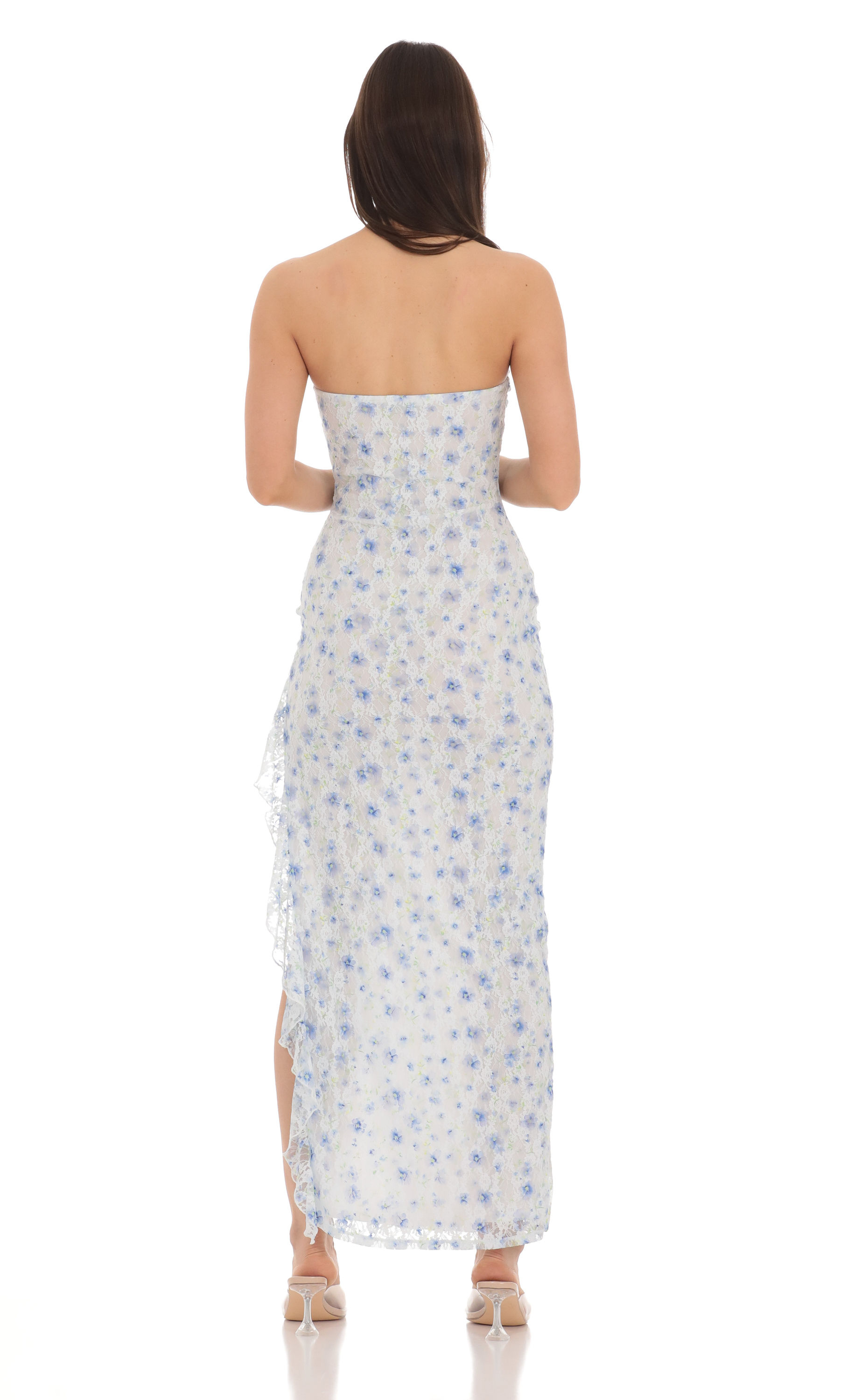 Strapless Floral Lace Ruffle Slit Dress in Pastel Blue-My Sky Diva