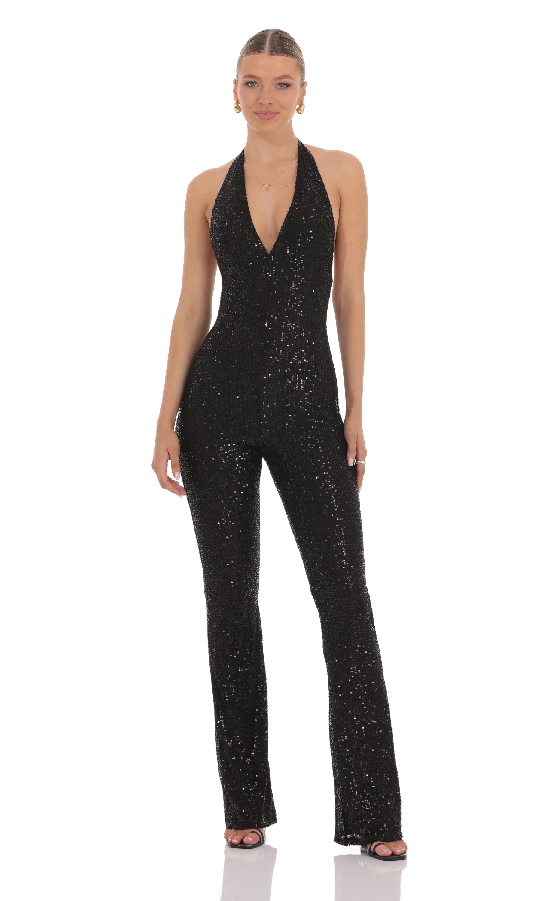 Sequin Halter Jumpsuit in Black-My Sky Diva