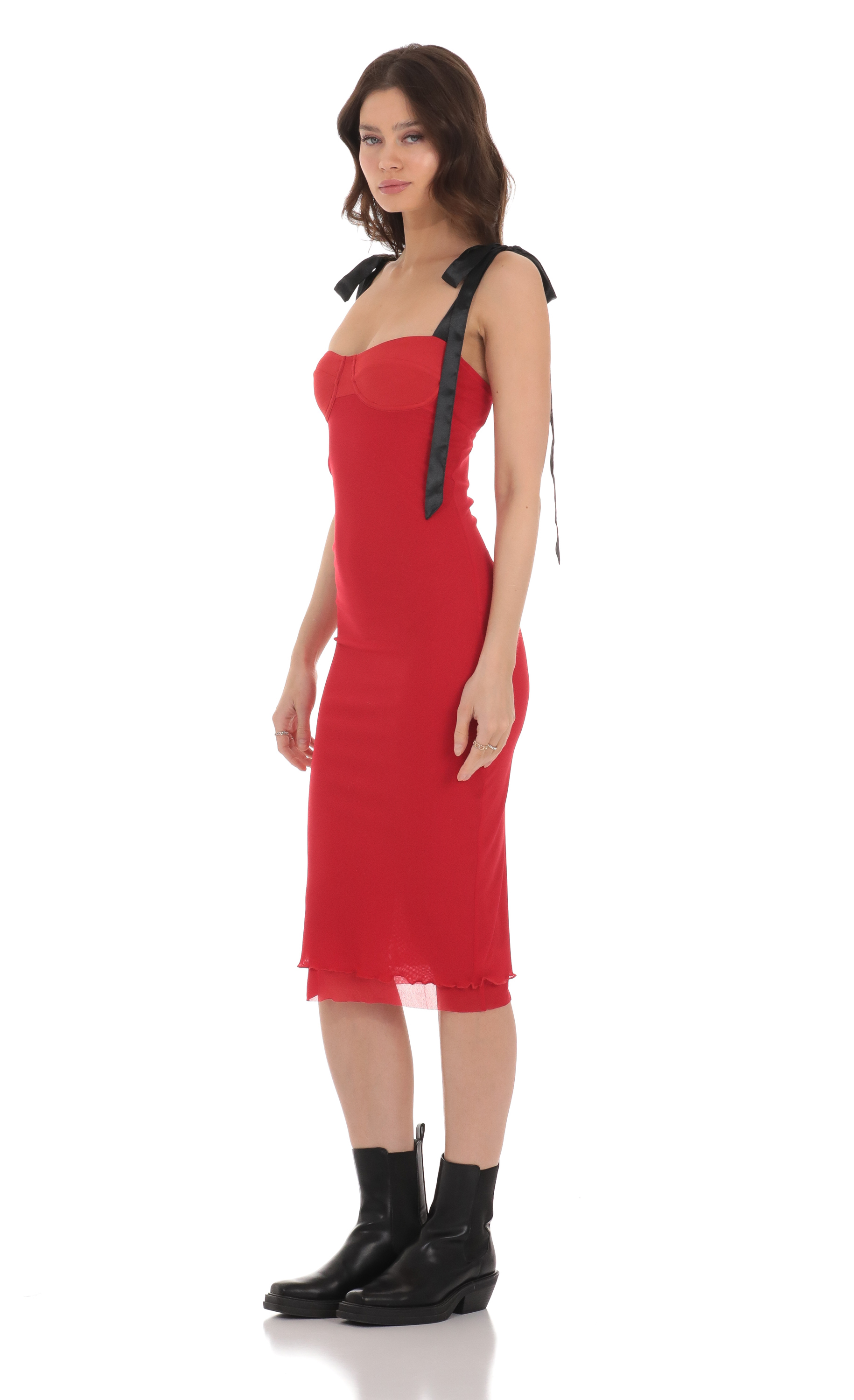 Mesh Black Shoulder Ties Midi Dress in Red-My Sky Diva