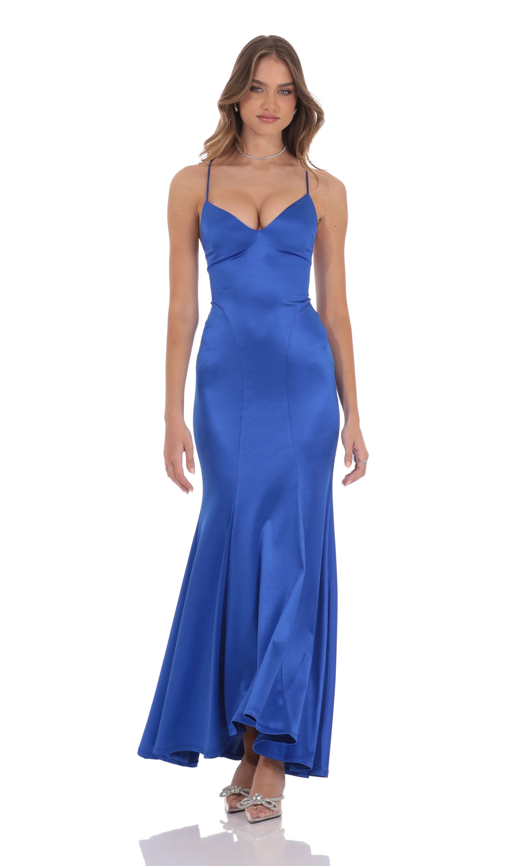 Satin Open Back Mermaid Maxi Dress in Blue-My Sky Diva