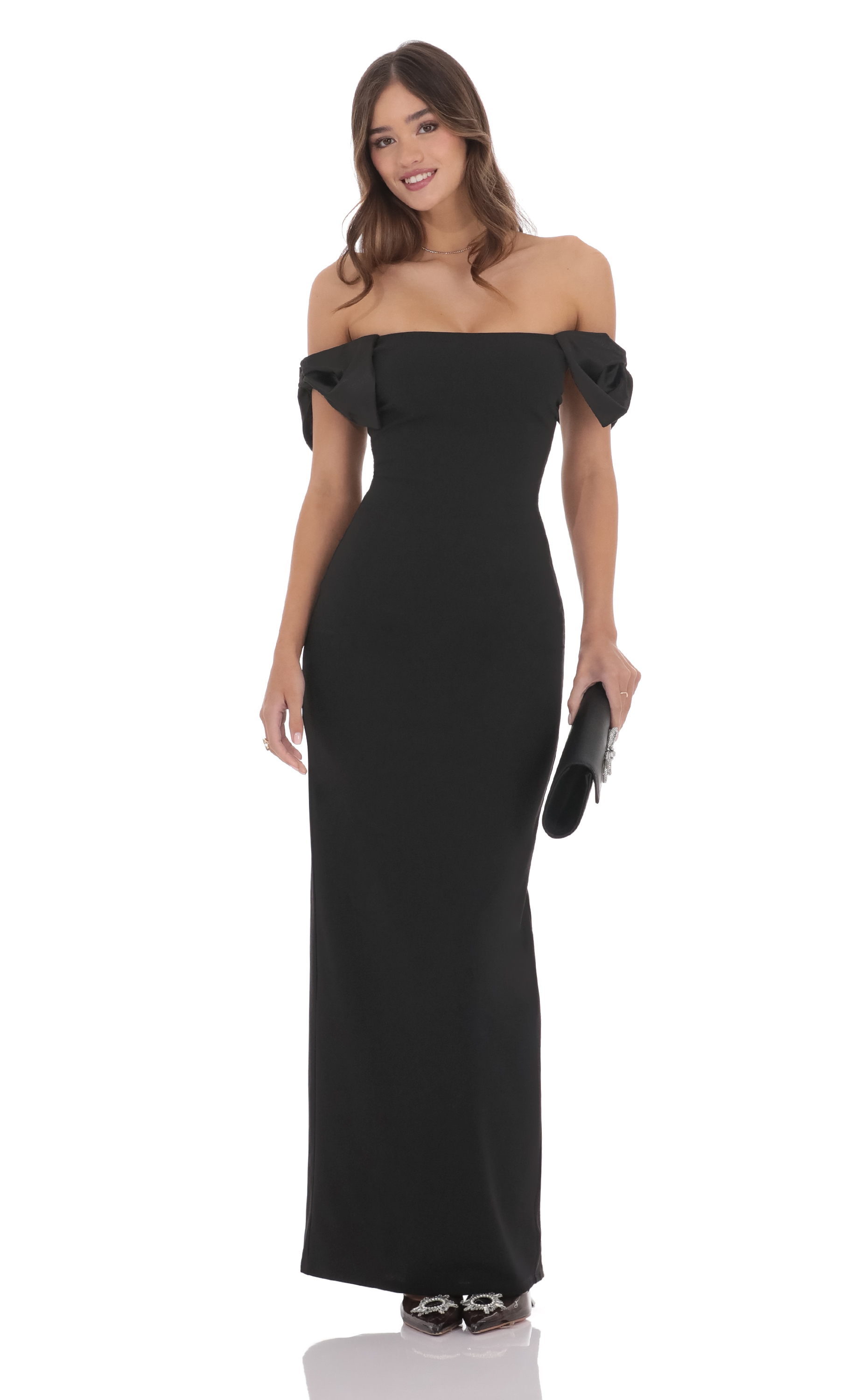 Off Shoulder Bow Sleeve Maxi Dress in Black-My Sky Diva