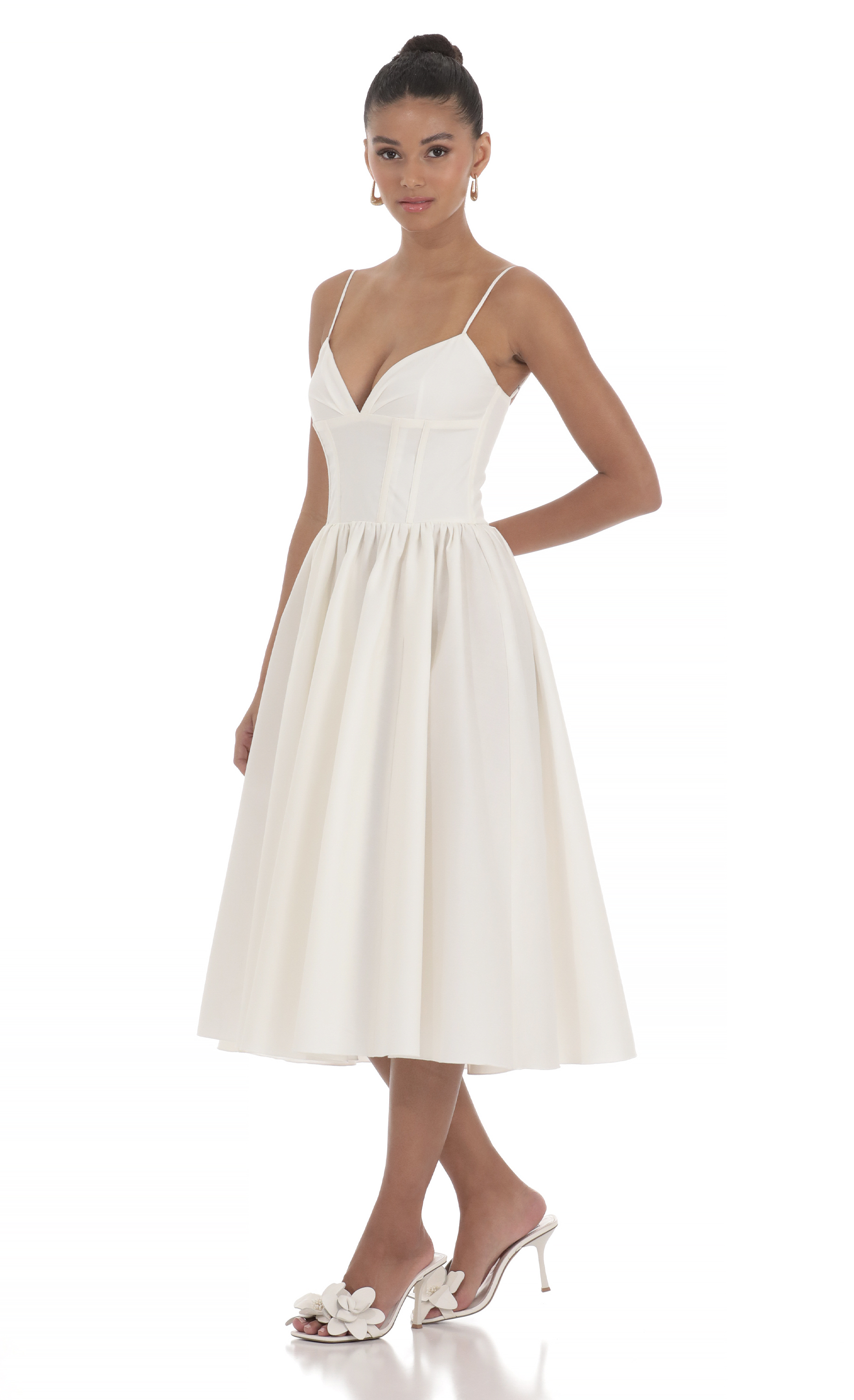 Corset V-Neck Midi Dress in Ivory-My Sky Diva