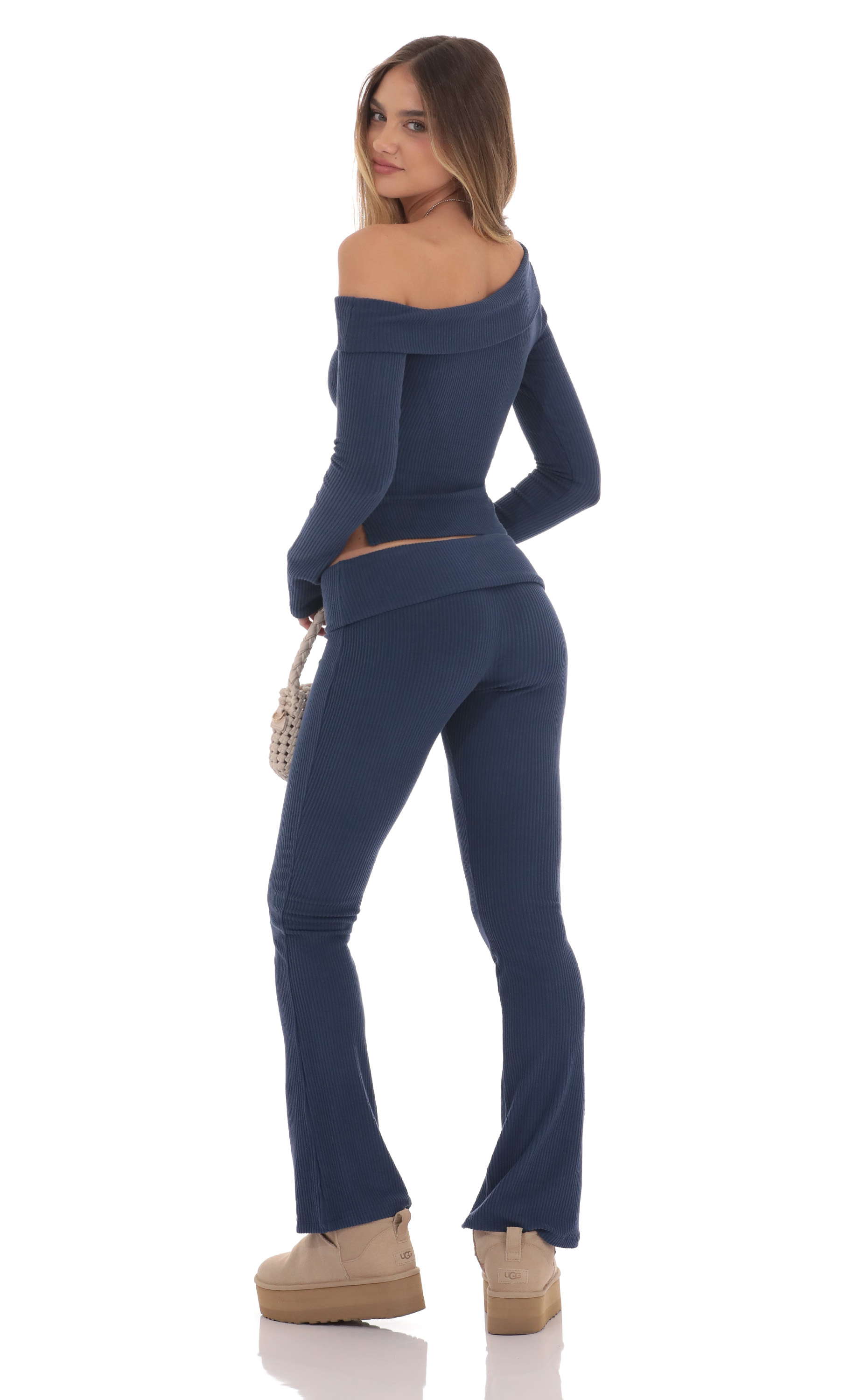 Low Rise Ribbed Flare Pants in Navy-My Sky Diva
