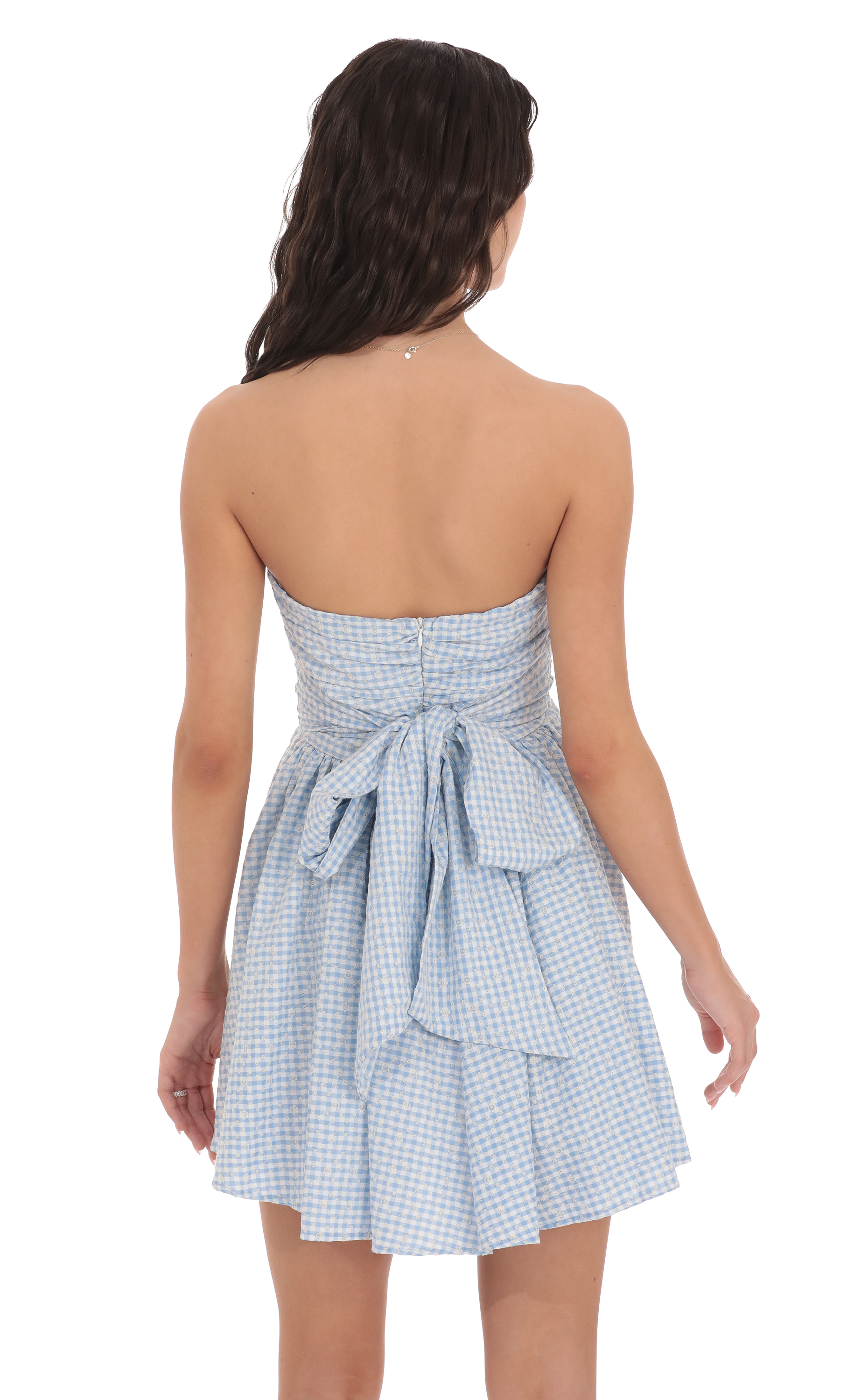 Floral Strapless A-line Dress in Gingham Blue-My Sky Diva