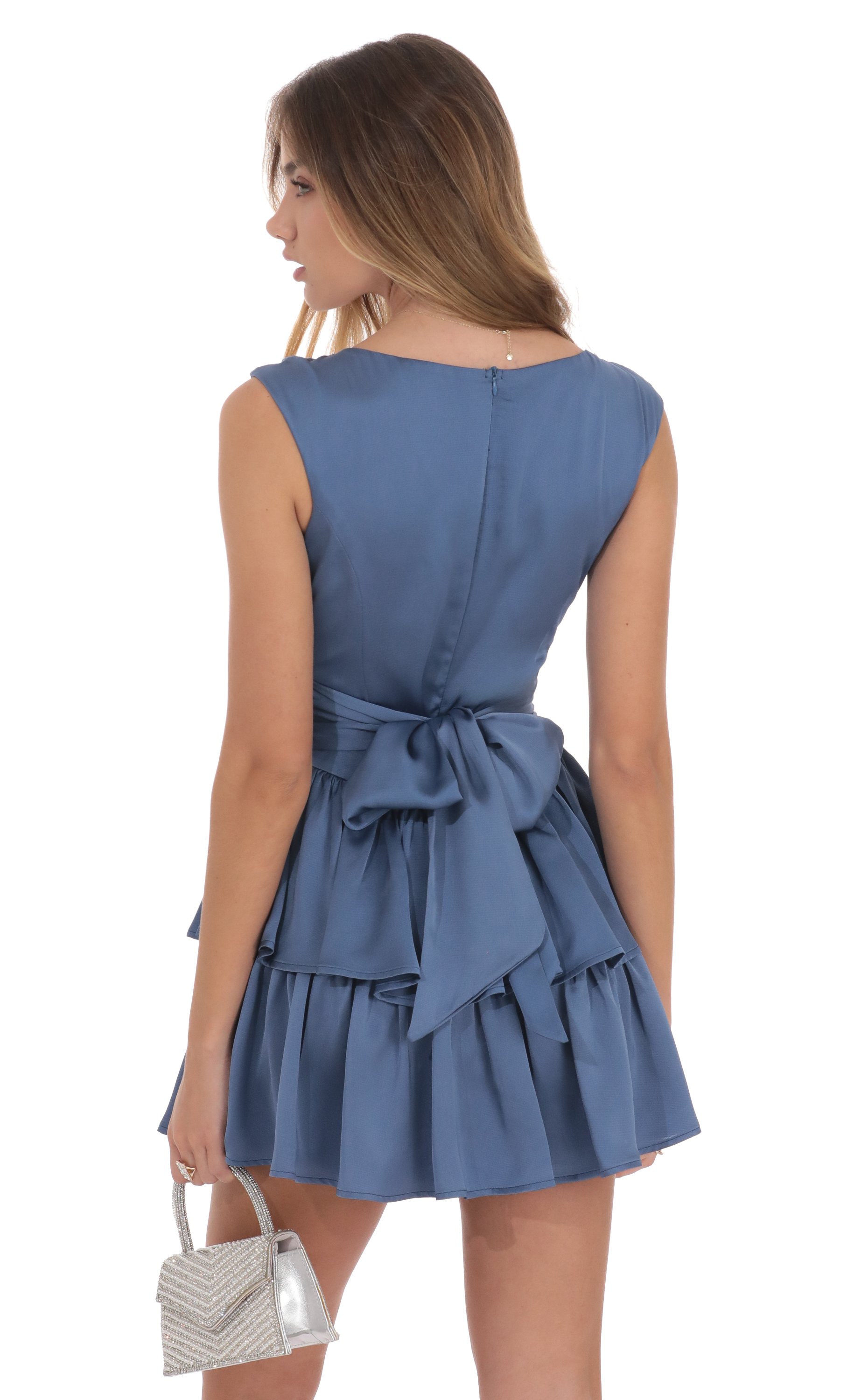 Satin Wide Strap Ruffle Dress in Denim Blue-My Sky Diva