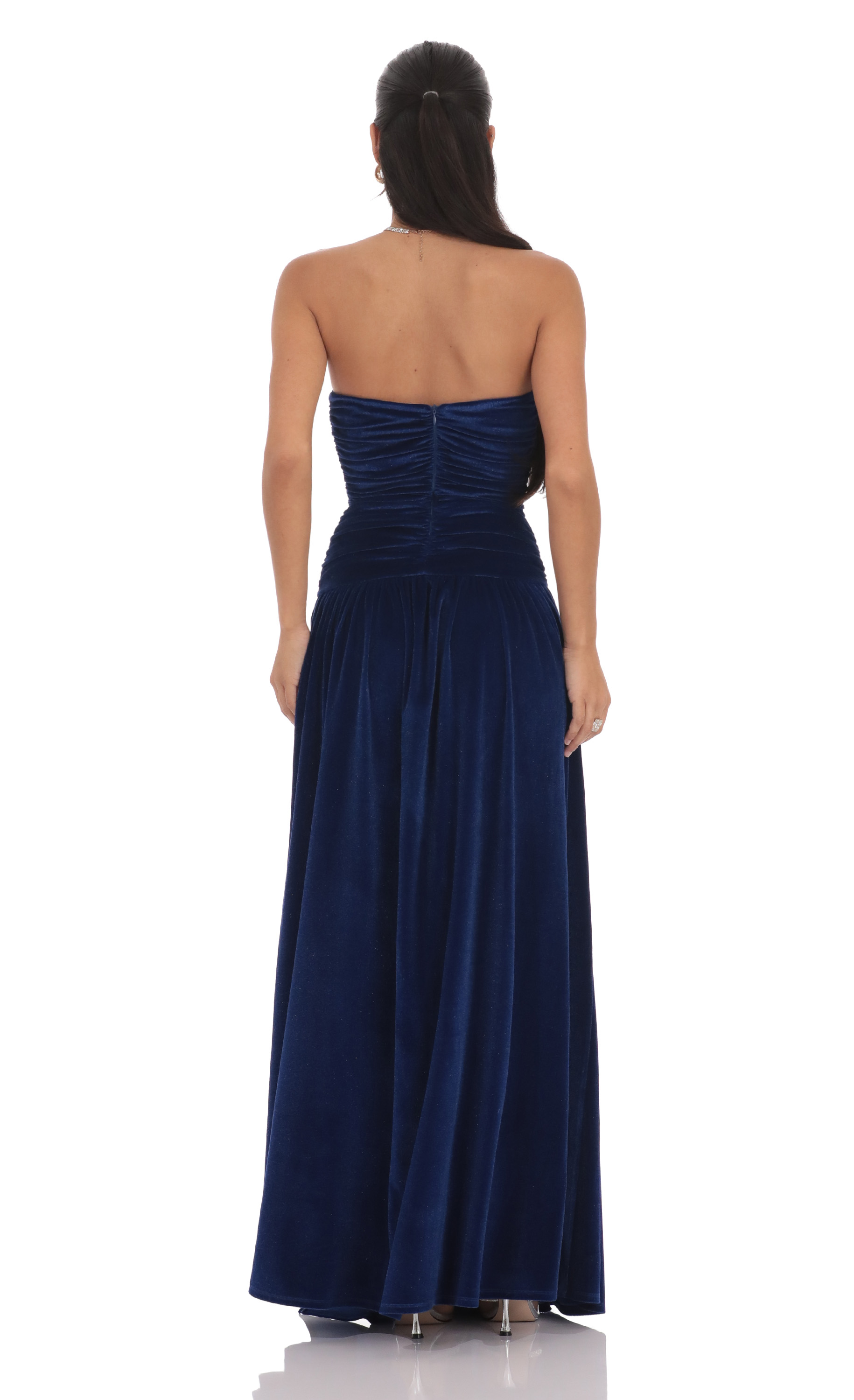 Velvet Ruched Drop Waist Maxi Dress in Navy-My Sky Diva