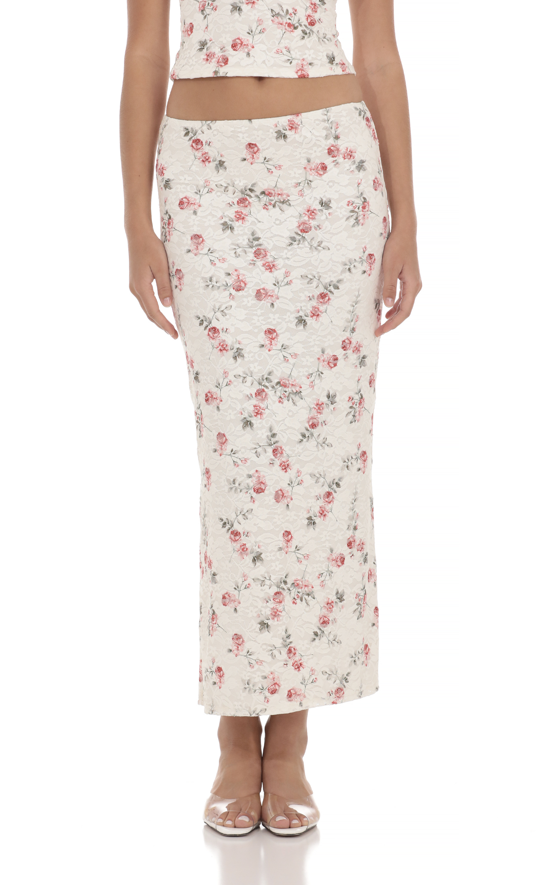 Lace Floral Two Piece Maxi Skirt Set in Cream-My Sky Diva