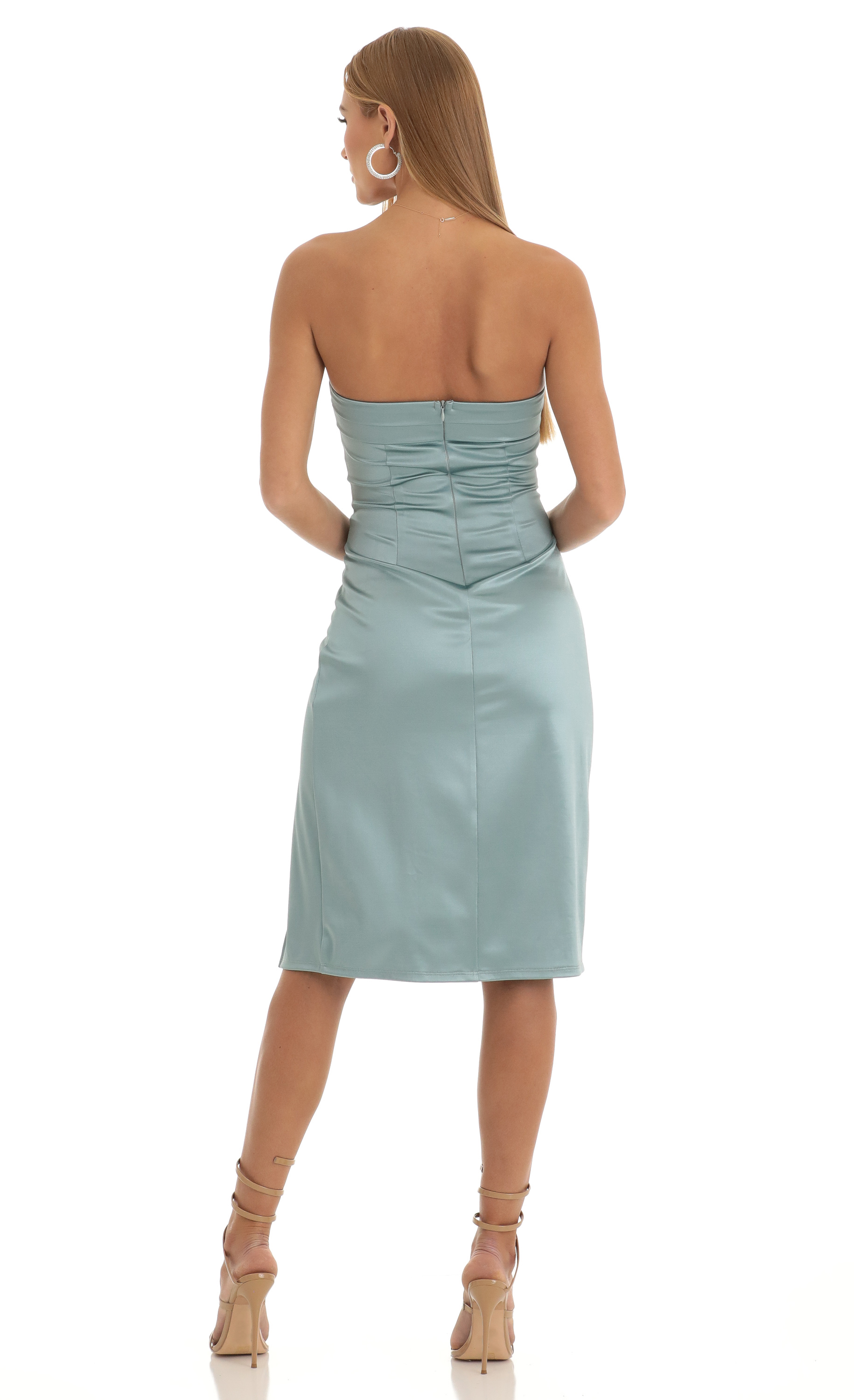 Kerrie Satin Strapless Midi Dress in Stone Blue-My Sky Diva