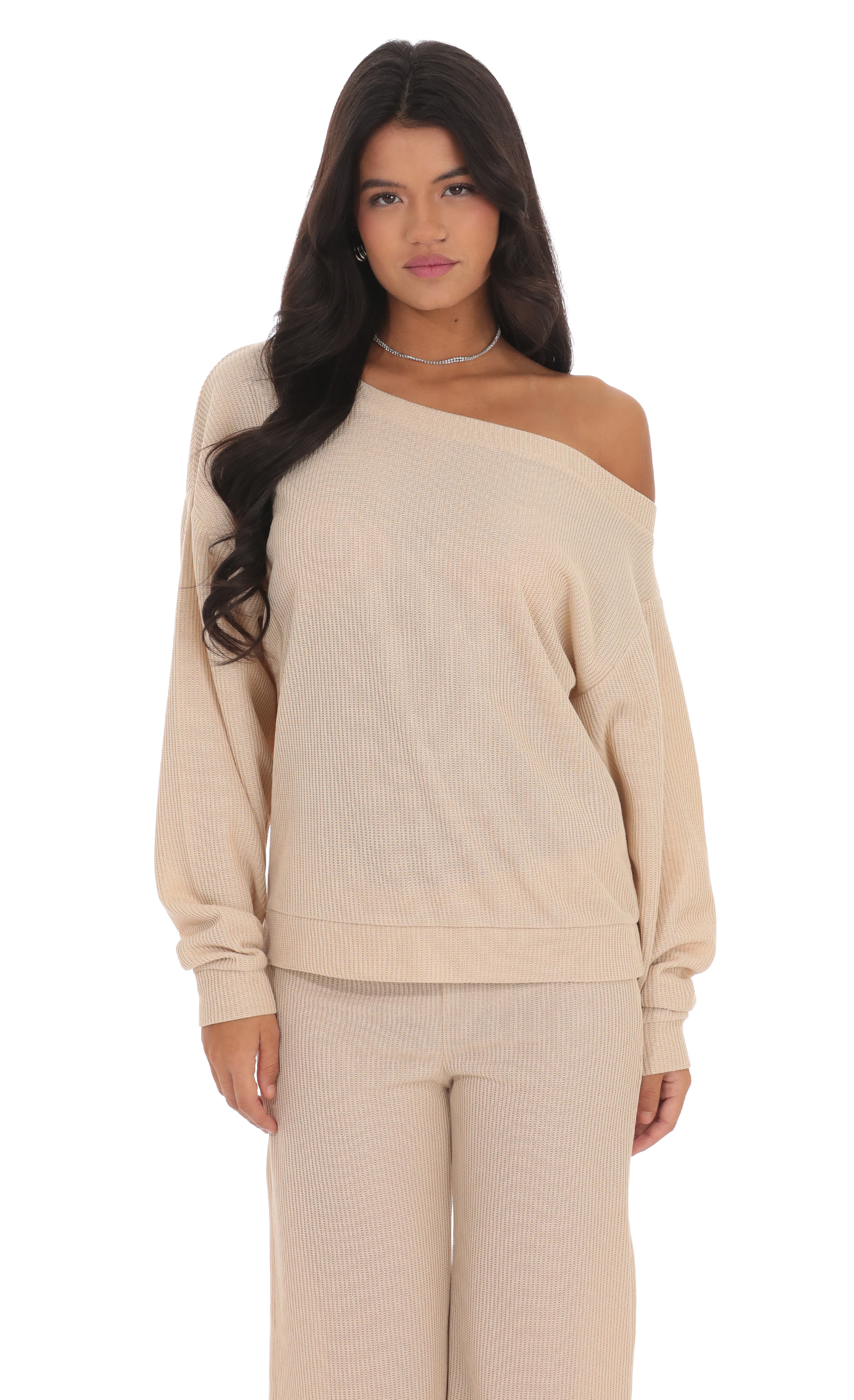 Off Shoulder Knit Oversized Jumper in Beige-My Sky Diva