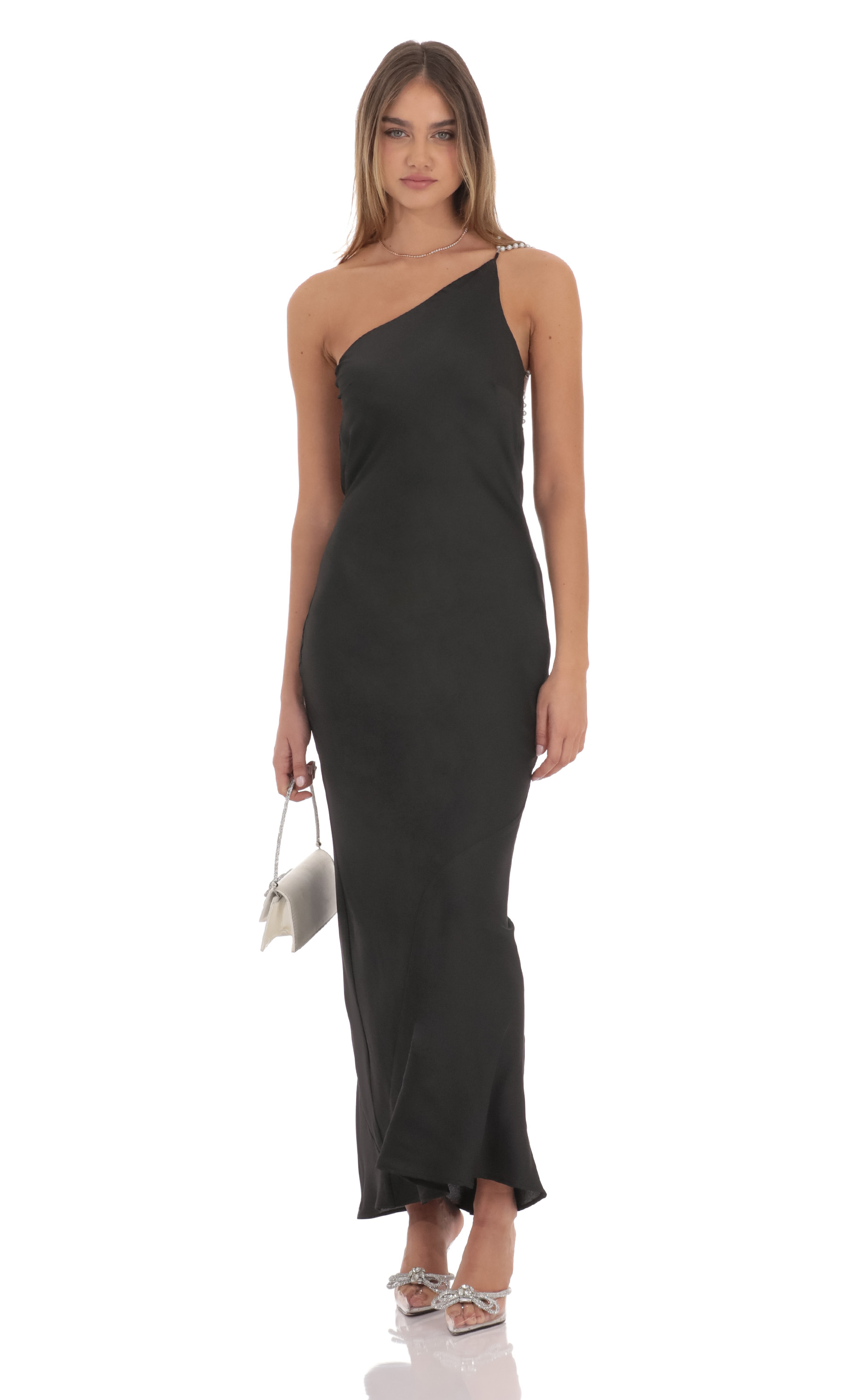 One Shoulder Pearl Satin Maxi Dress in Black-My Sky Diva