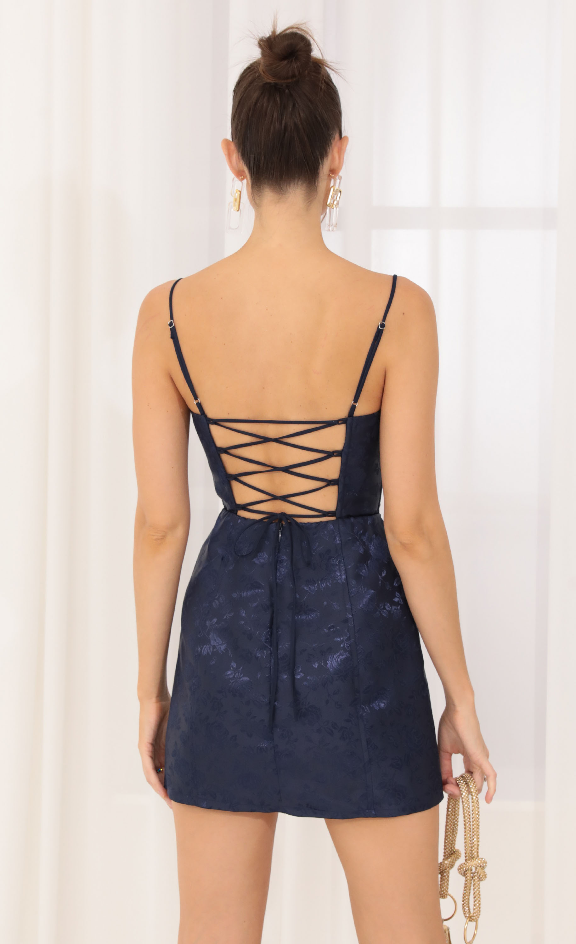 Floral Jacquard Corset Dress in Navy-My Sky Diva