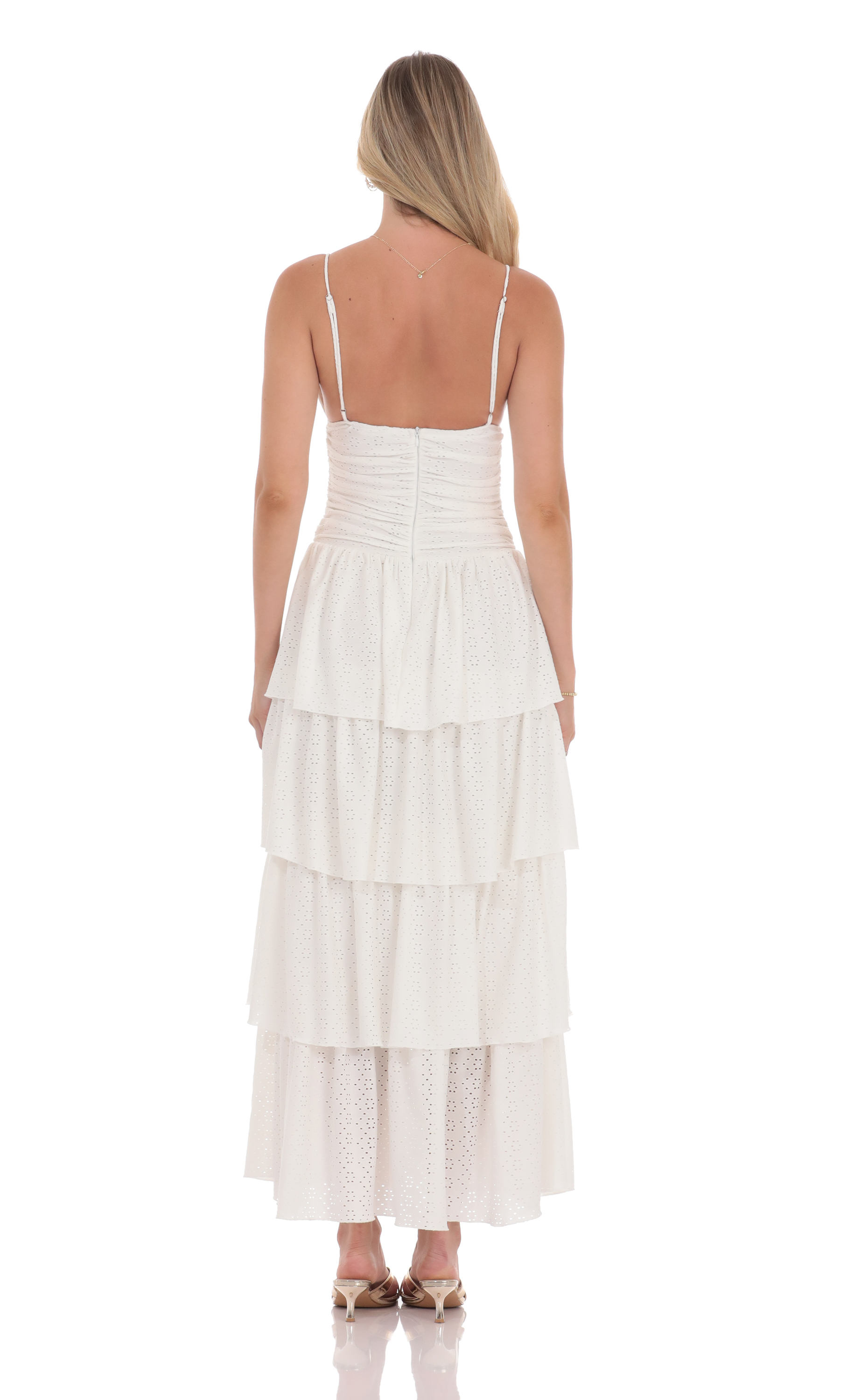 Ruched Ruffle Eyelet Maxi Dress in White-My Sky Diva