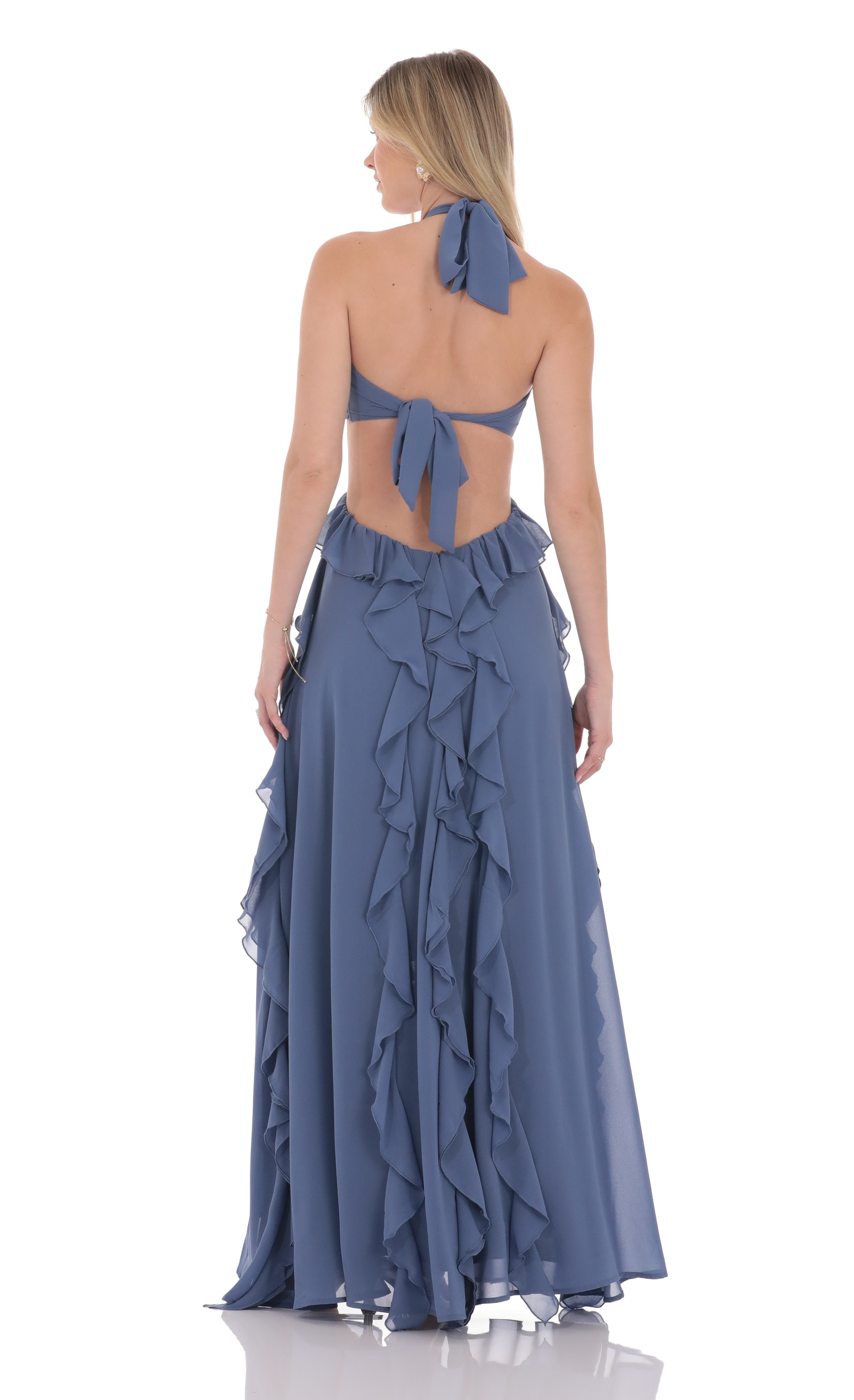 Chiffon Cutout Ruffle Maxi Dress in Blue-My Sky Diva