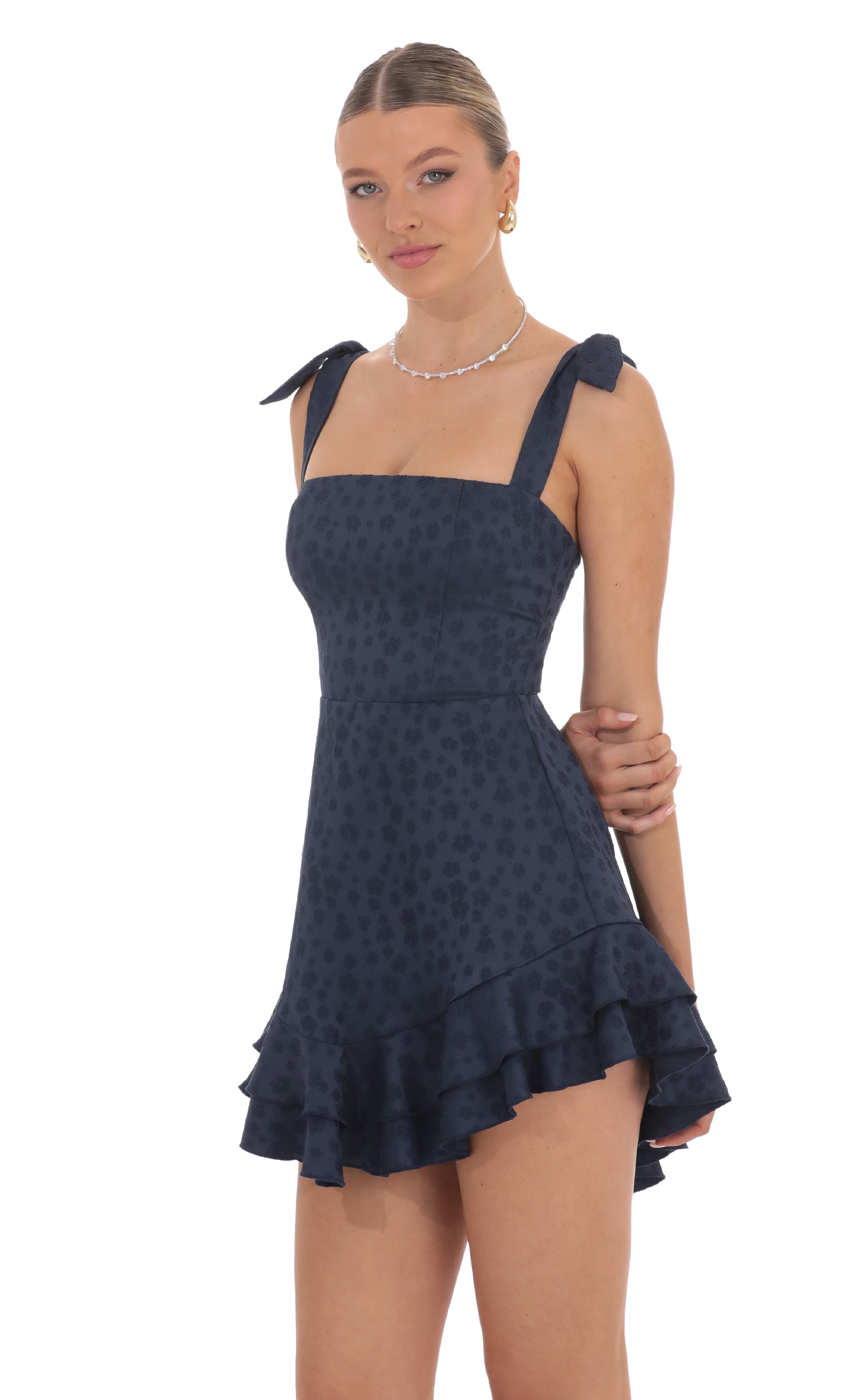Floral Jacquard Ruffle A-line Dress in Navy-My Sky Diva