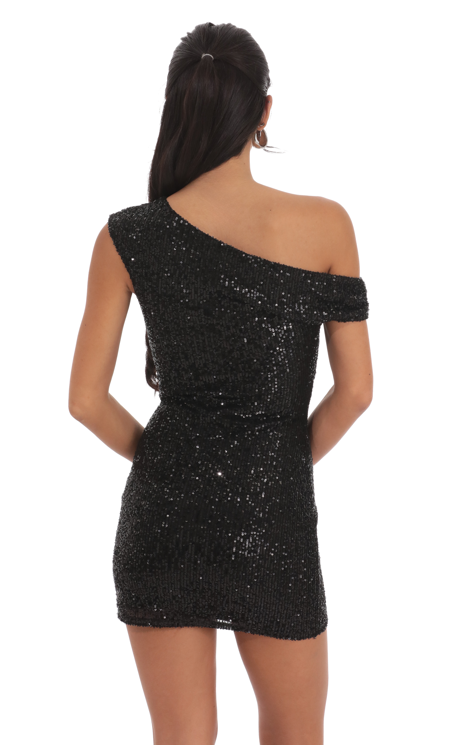 Off Shoulder Sequin Bodycon Dress in Black-My Sky Diva
