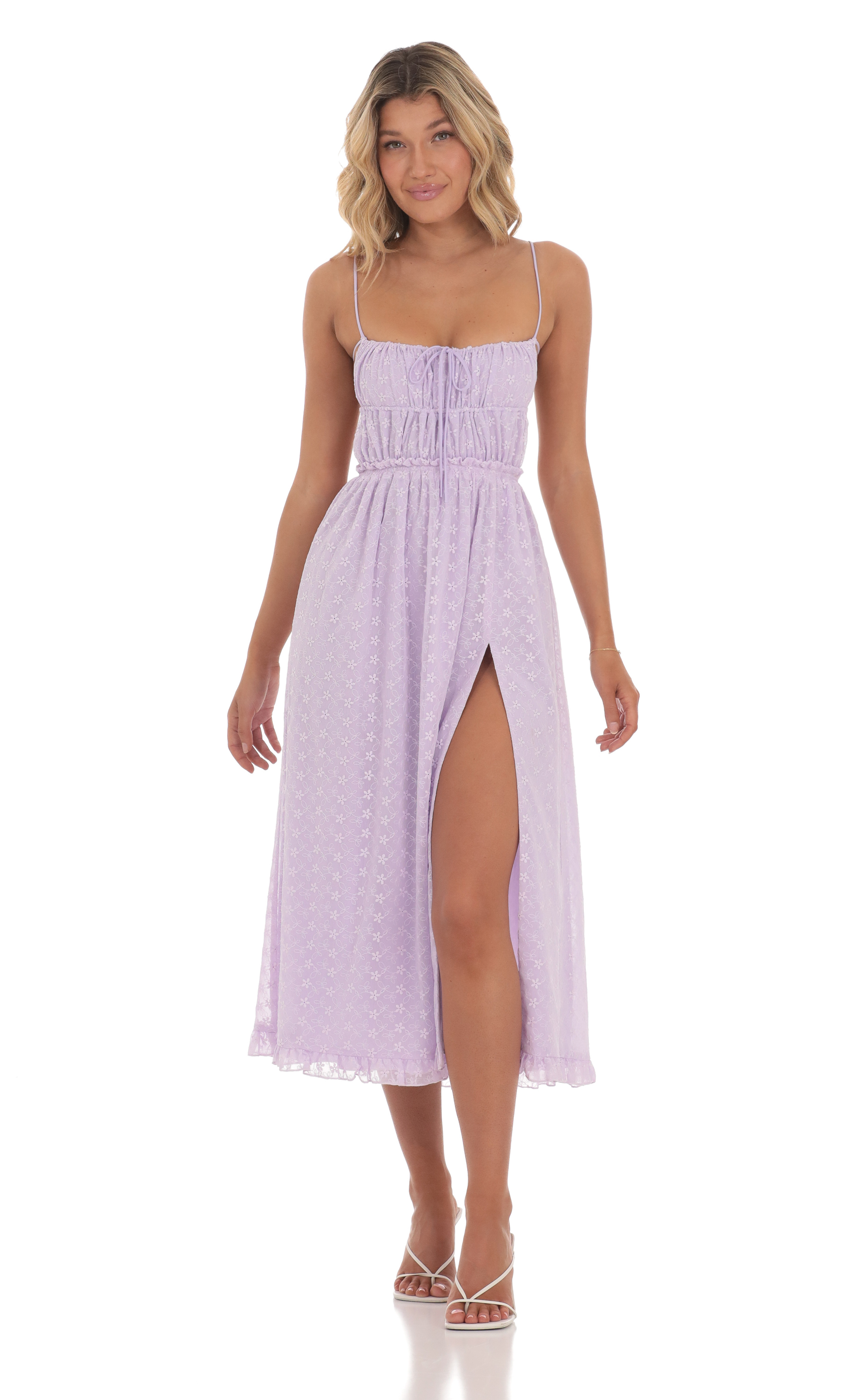 Floral Embroidered Open Back Midi Dress in Lavender-My Sky Diva