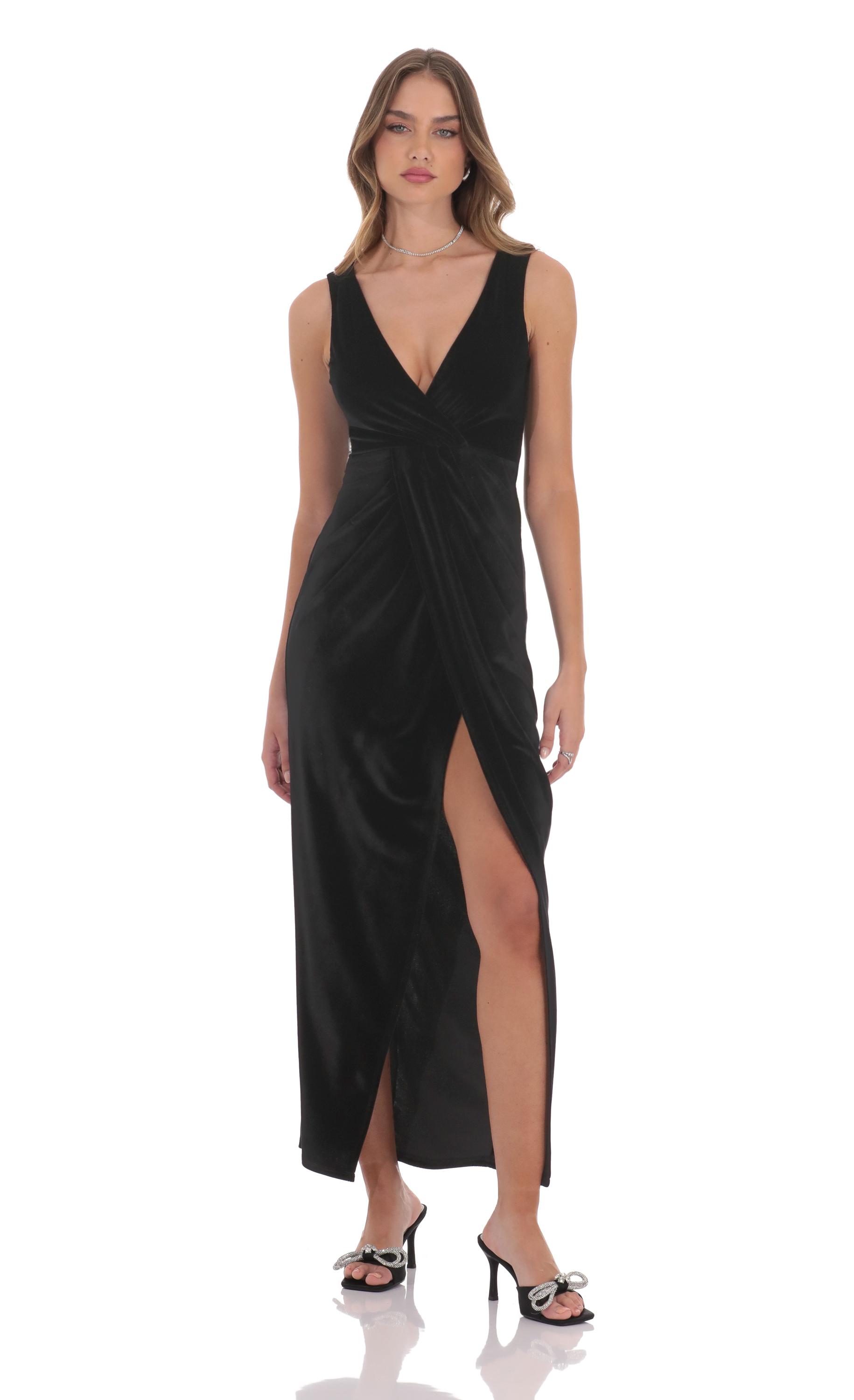 Velvet V-Neck Slit Maxi Dress in Black-My Sky Diva