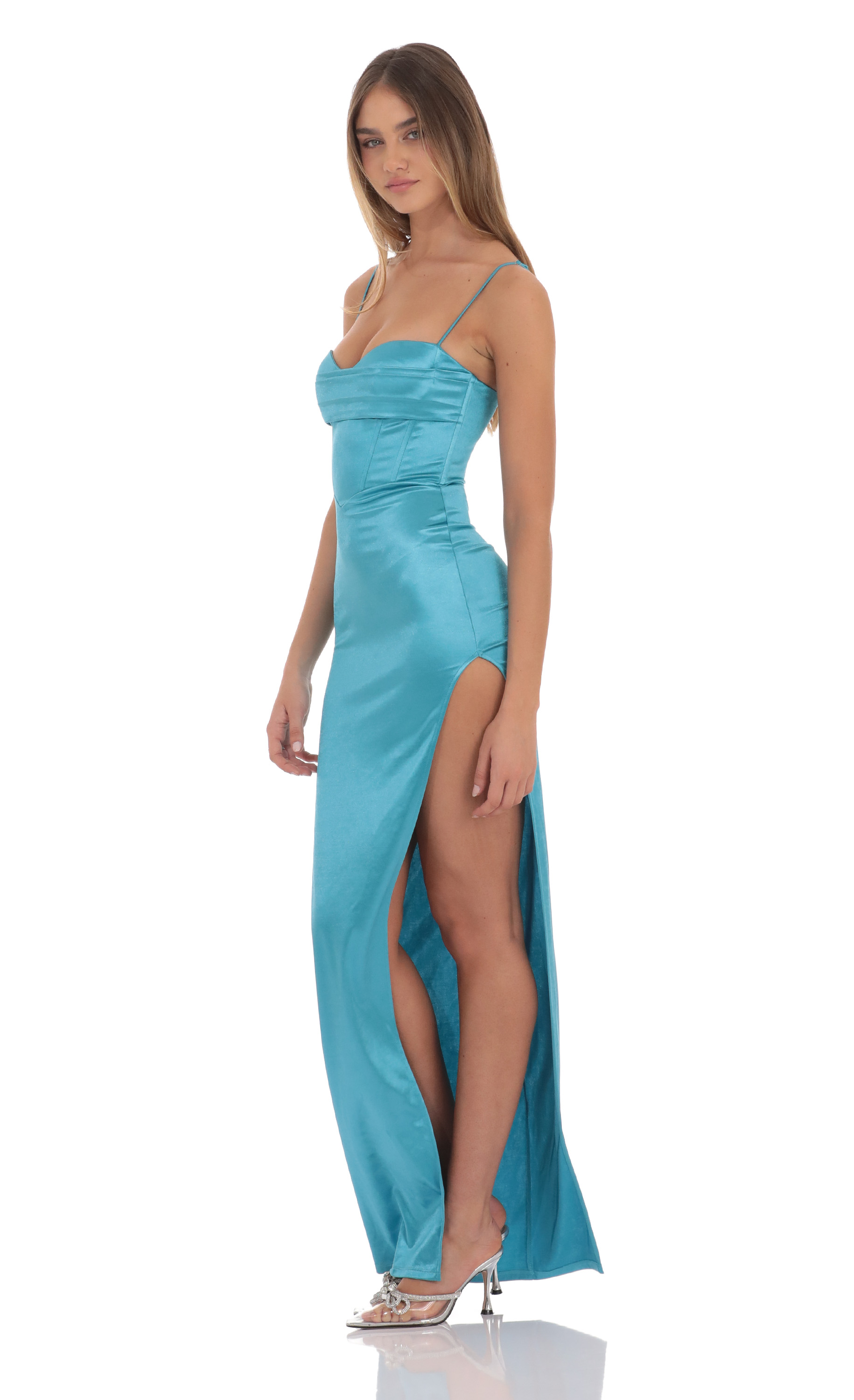 Satin Corset Maxi Dress in Blue-My Sky Diva