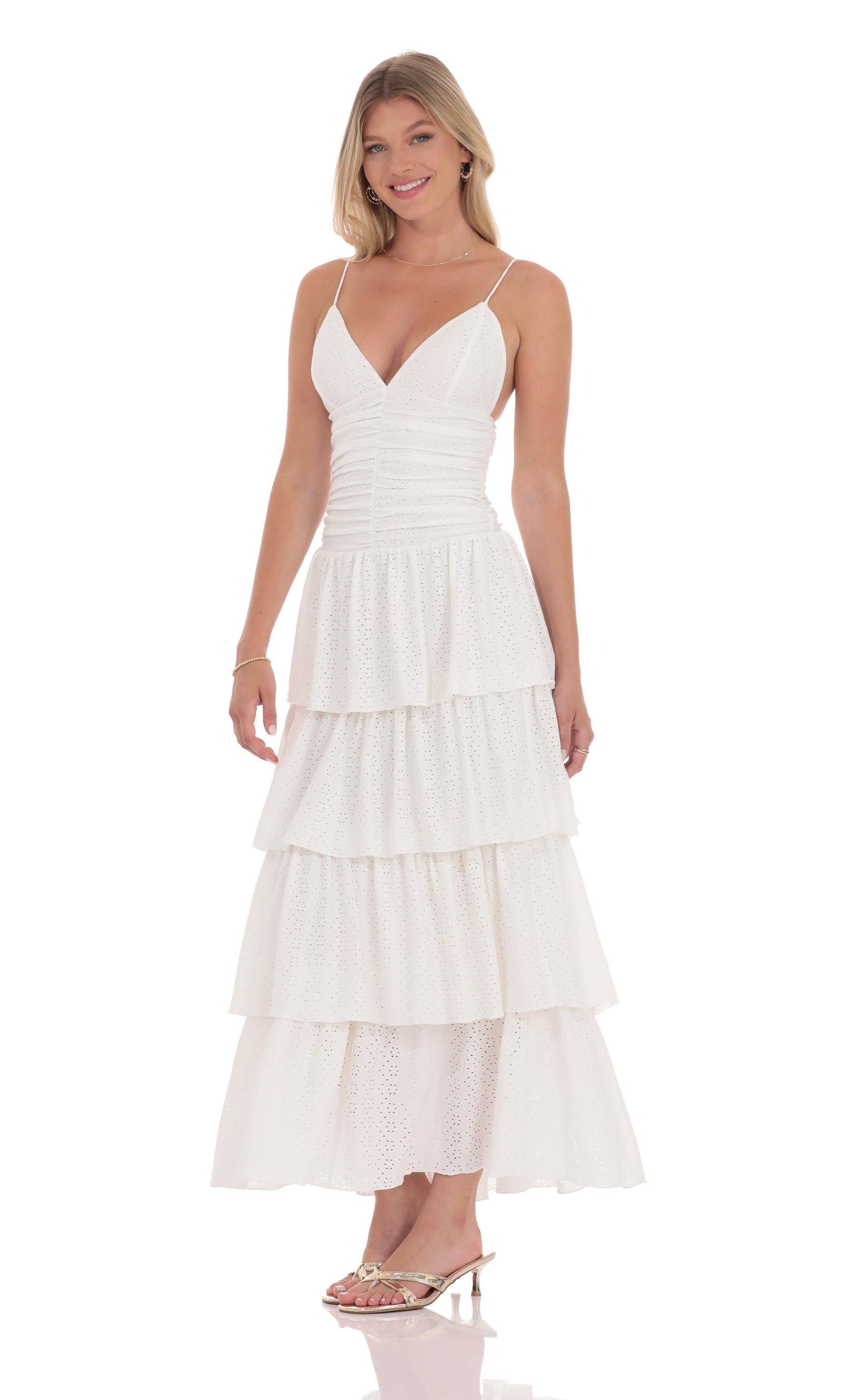 Ruched Ruffle Eyelet Maxi Dress in White-My Sky Diva