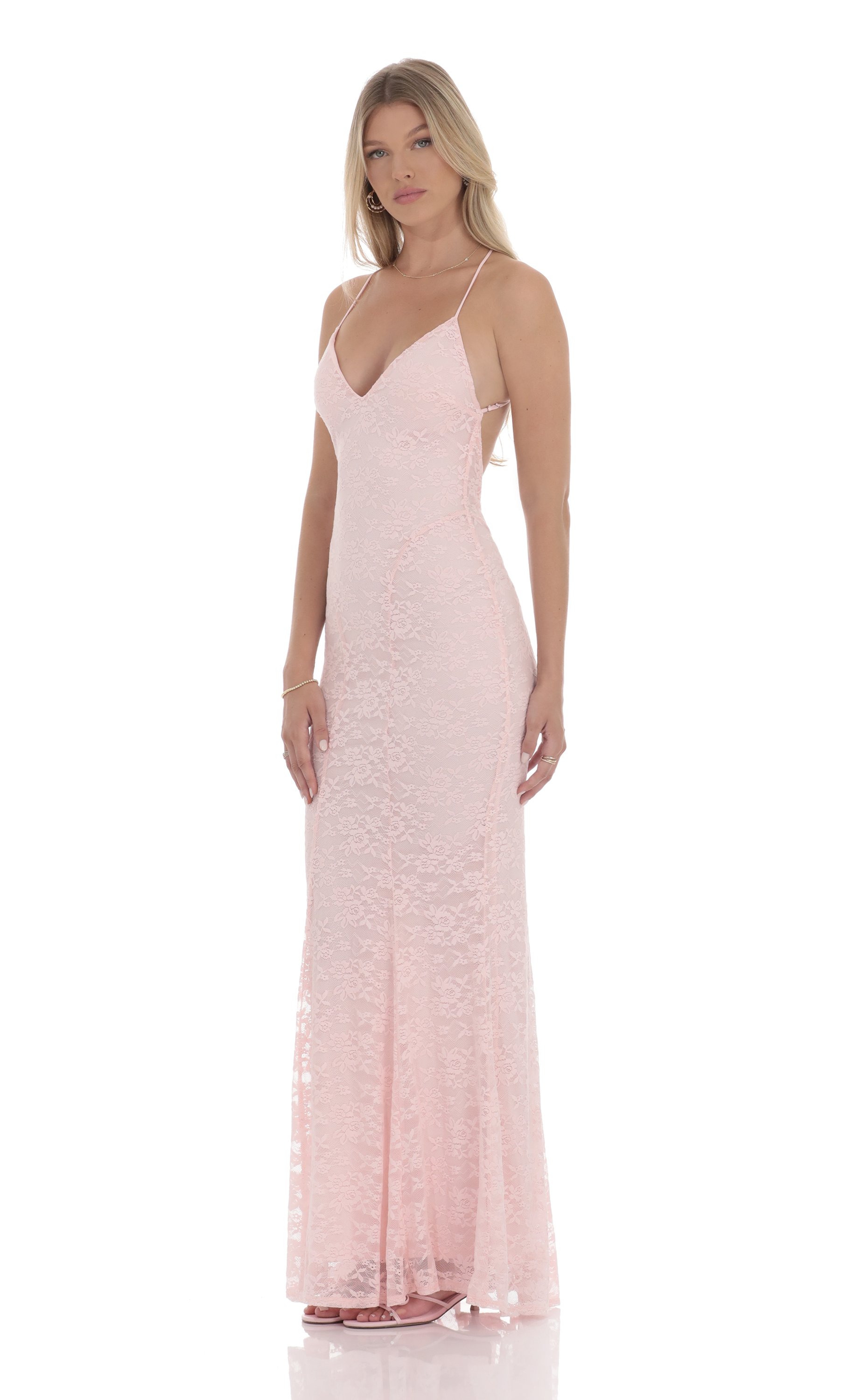 Lace V-Neck Mermaid Dress in Pink-My Sky Diva